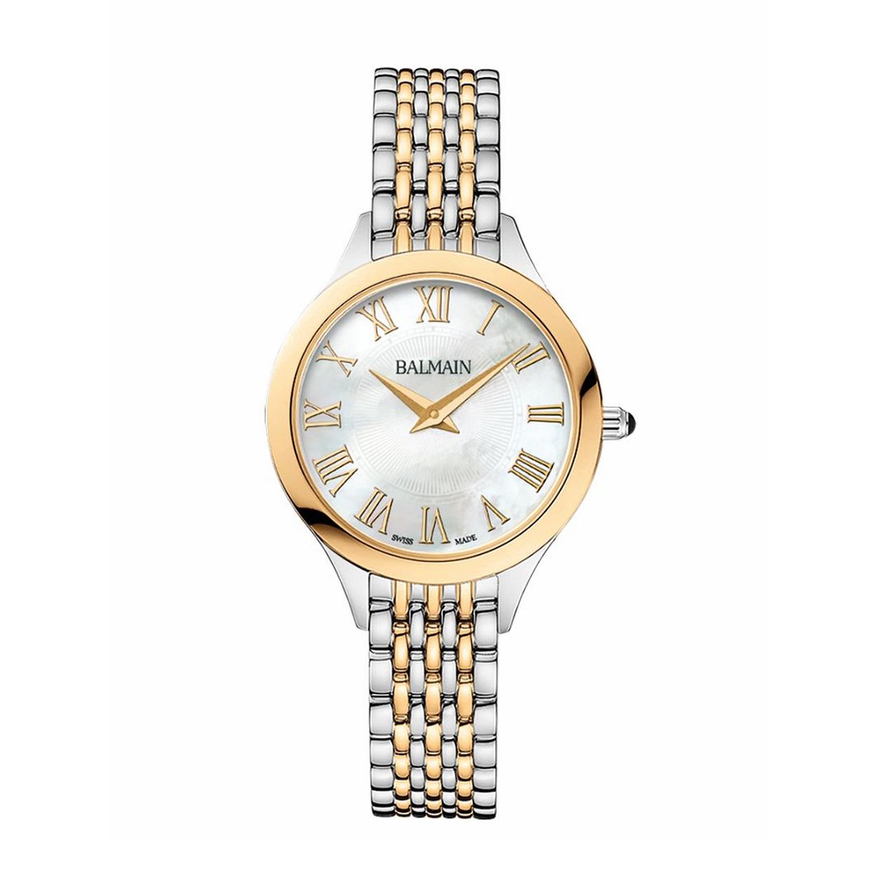 Balmain de Balmain horloge - B39123982

Dit dameshorloge heeft een prachtige parelmoer wijzerplaat met goudkleurige wijzers en Romeinse indexcijfers. De kast en schakelband van het horloge zijn vervaardigd van tweekleurige edelstaal. De B39123982 is voorzien van een quartz uurwerk, heeft een krasarm saffier glas en is tot 50 meter waterdicht. Dit houdt in dat het horloge zonder problemen omgelaten kan worden tijdens het douchen of zwemmen (duiken uitgezonderd). Dit horloge uit de Balmain de Balmain serie is een tijdloos en chique horloge voor de verfijnde damespols.