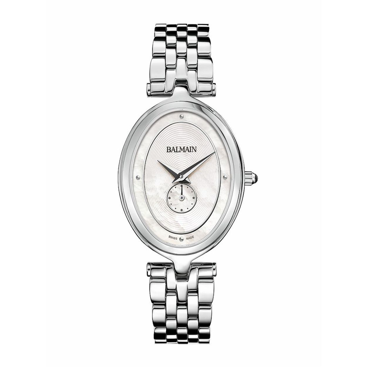 Dit prachtige Balmain Haute Elegance stalen dameshorloge heeft heeft een sierlijke parelmoer wijzerplaat met zilverkleurige wijzers en een decentrale secondewijzer. De ovale kast en schakelband van het horloge zijn vervaardigd van edelstaal. De B81113386 is voorzien van een quartz uurwerk, heeft een krasarm saffierglas en is tot 50 meter waterdicht. Dit horloge uit de Haute Elegance serie is een echte eyecatcher om de pols.