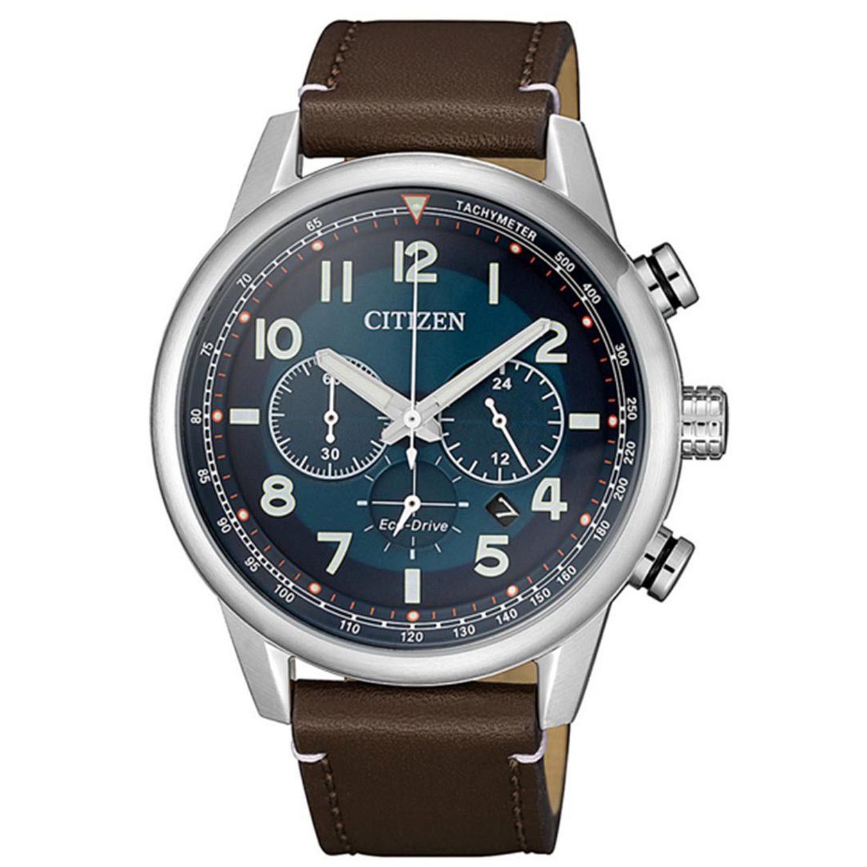 Dit eco-drive horloge van het merk Citizen is een prachtig horloge. Het horloge heeft een kast gemaakt van staal en een bruine band gemaakt van leder. Met de functie: Stopfunctie