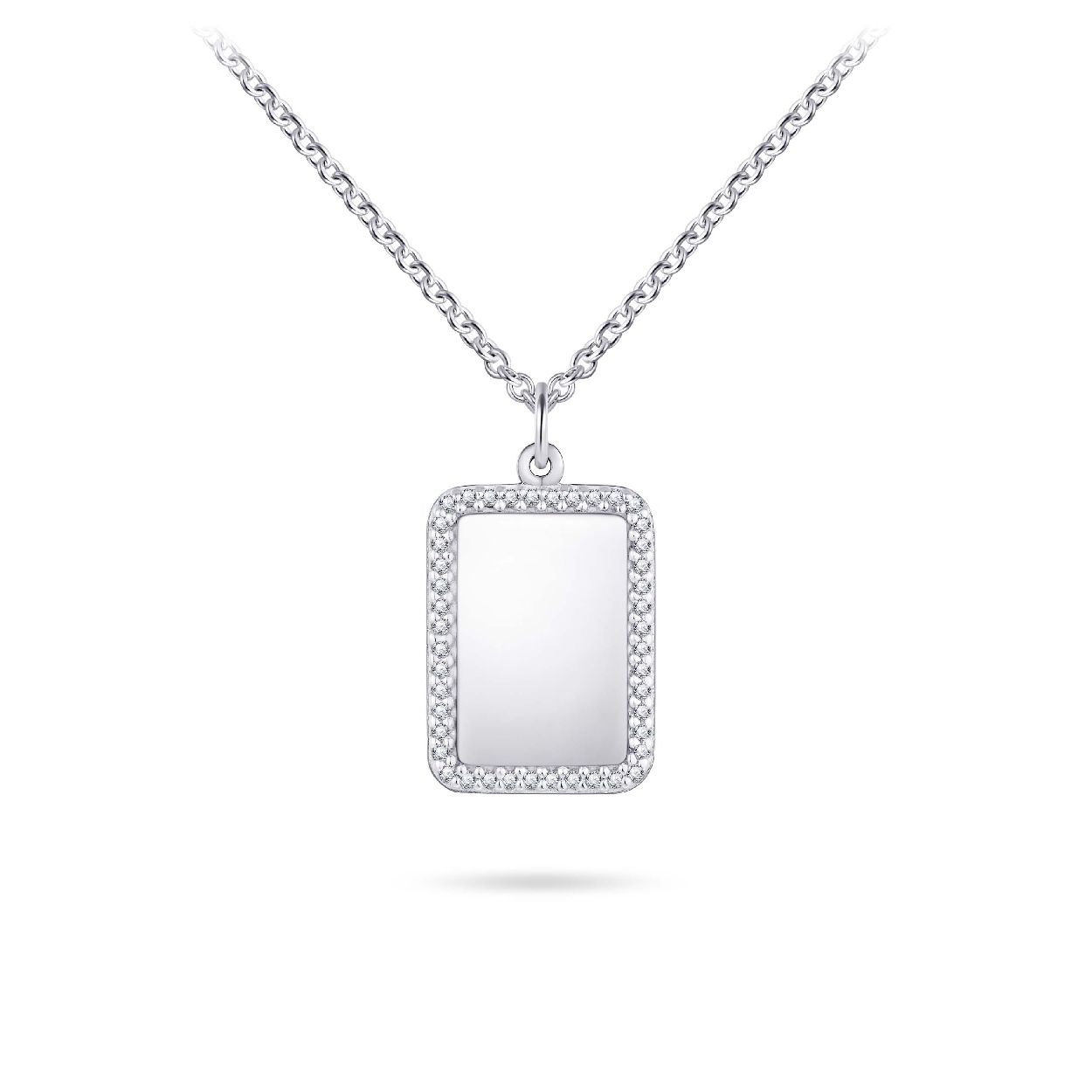 Zilveren collier anker schakel met in het midden een zilveren rechthoekig plaatje rondom bezet met zirkonia's in pavezetting Het collier is te dragen vanaf een lengte van 42 cm, maar gemakkelijk te verstellen tot 47 cm. 

Het plaatje is te personaliseren doormiddel van gravering.

Leuk om te combineren met de bijpassende 
ring R424, R406 (graveer baar)