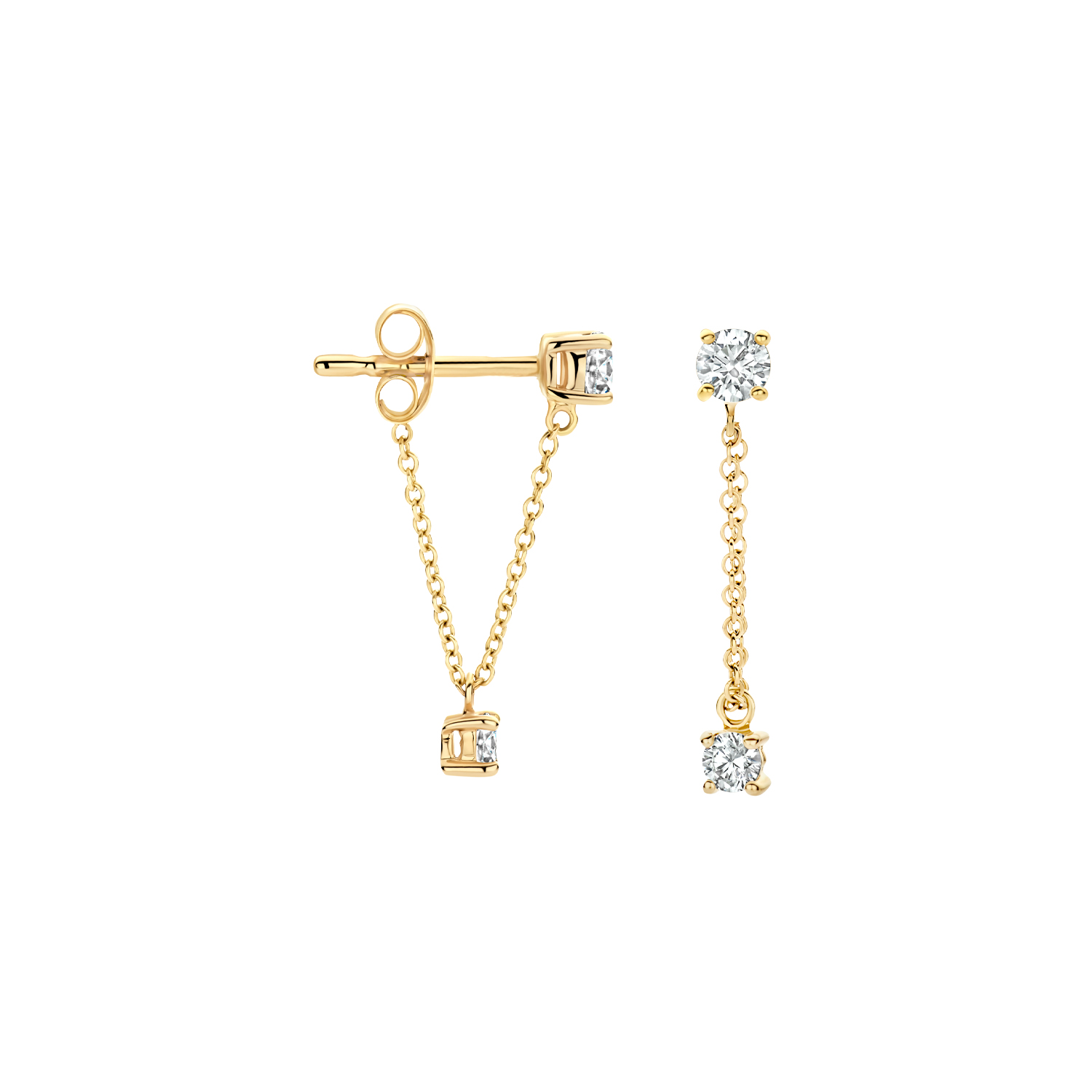 gouden Blush oorstekers, 2x 4poot+zirconia met ketting