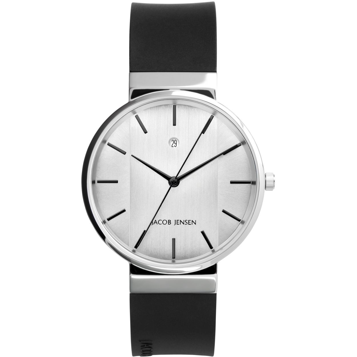 Dit 737 Jacob Jensen horloge is een stijlvol horloge van hoge kwaliteit. Jacob Jensen maakte de kast van dit Jacob Jensen dames en herenhorloge van edelstaal met een horlogeband van rubber. Ook de kleur zilver van de wijzerplaat van deze Jacob Jensen New Line 737 past perfect bij het geheel. Het materiaal glas van dit model is mineraal glas, en het horloge is 3 ATM (handen wassen) waterdicht. 2 jaar garantie.