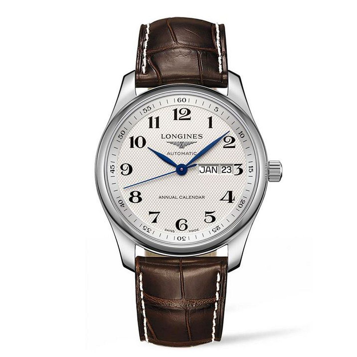 De Longines Master Collection L29104783 is een stijlvol horloge met een elegante en klassieke uitstraling. Het horloge heeft een zilveren wijzerplaat met blauwe wijzers en Romeinse cijfers. De polsband is gemaakt van hoogwaardig leer voor een comfortabele pasvorm. Draag dit horloge met een pak voor een formele gelegenheid of met een casual outfit voor een stijlvolle toevoeging aan je look. Met de Longines Master Collection L29104783 ben je altijd bij de tijd en straal je klasse uit.