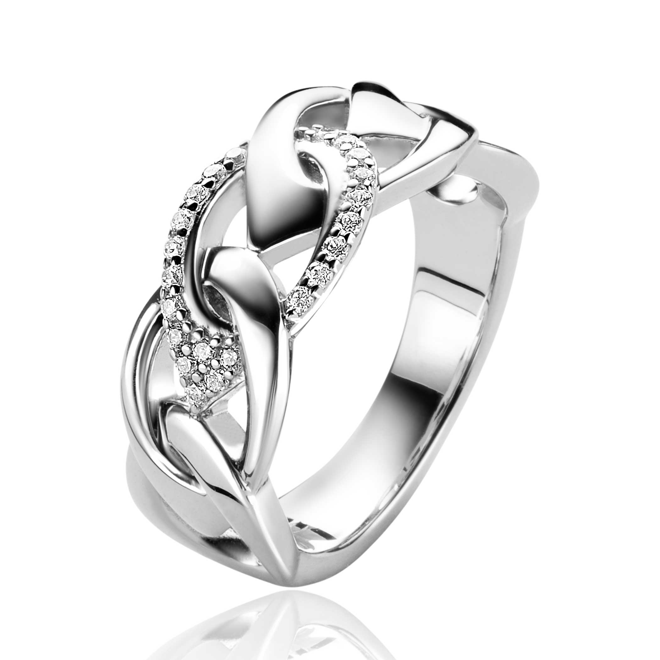 ZINZI zilveren brede chique ring van 9mm breed, met open peervormige schakels om en om bezet met witte zirconia's. Exclusief ontworpen door mode-ontwerper Mart Visser. Deze zilveren ring draagt herkenbaar de signatuur van Mart Visser. Vervaardigd van eerste gehalte zilver (925) en met extra rodiumlaag voor een langdurige glans.
