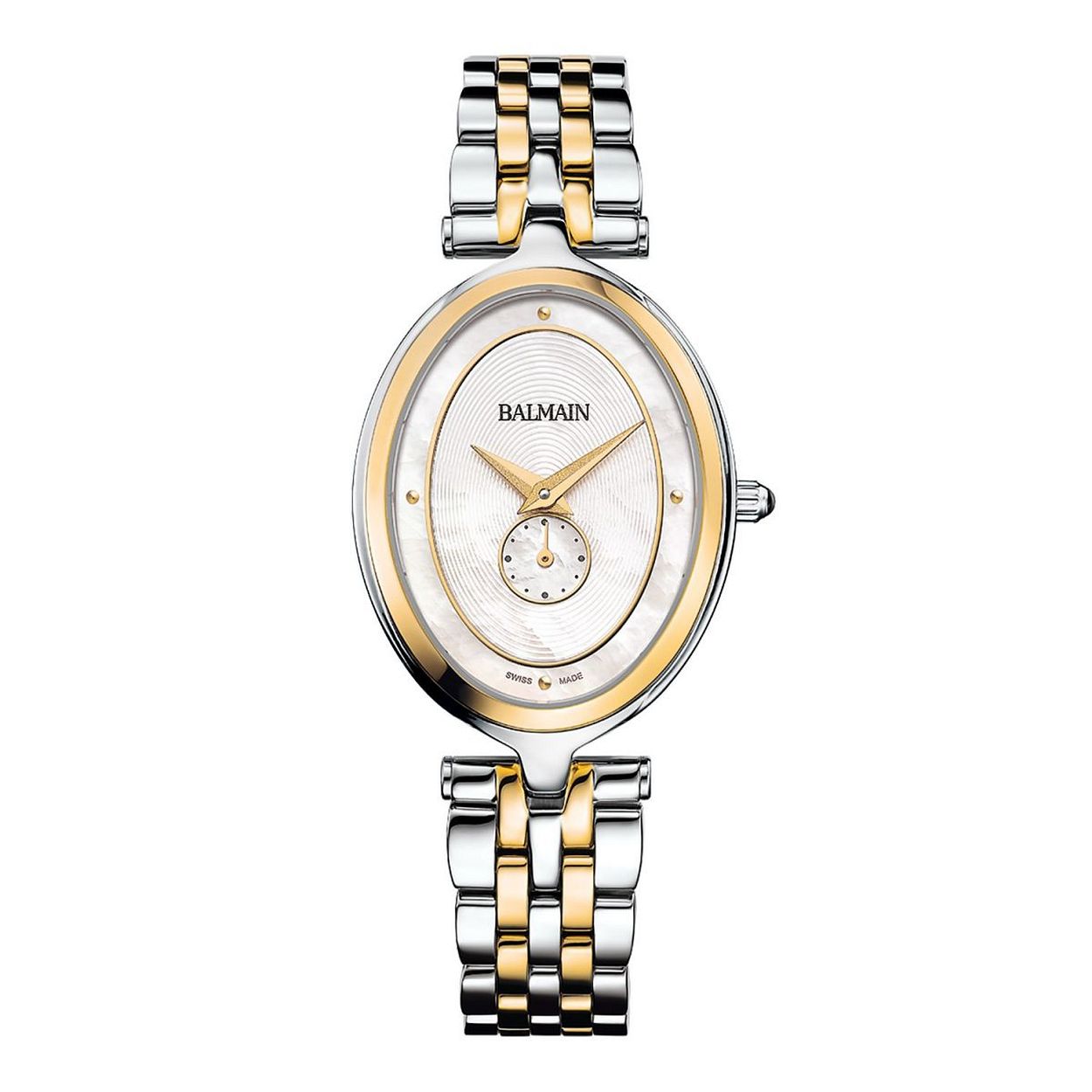 Balmain Haute Elegance Ovaal Bicolor

Dit Balmain Haute Elegance dameshorloge wordt gekenmerkt door zijn ovale vorm. Daarnaast heeft de wijzerplaat het prachtige parelmoer wijzerplaat en een decentrale secondewijzer. De ovale kast en schakelband van het horloge zijn vervaardigd van edelstaal, gedeeltelijk geel verguld. De B81123986 is uitgerust met een quartz uurwerk, heeft een krasarm saffierglas en is tot 50 meter waterdicht. Dit houdt in dat het horloge zonder problemen omgelaten kan worden tijdens het douchen of zwemmen (duiken uitgezonderd). Dankzij de verfijnde en luxe details is dit Balmain horloge B8112.39.86 uit de Haute Elegance serie echt een plaatje om de pols.