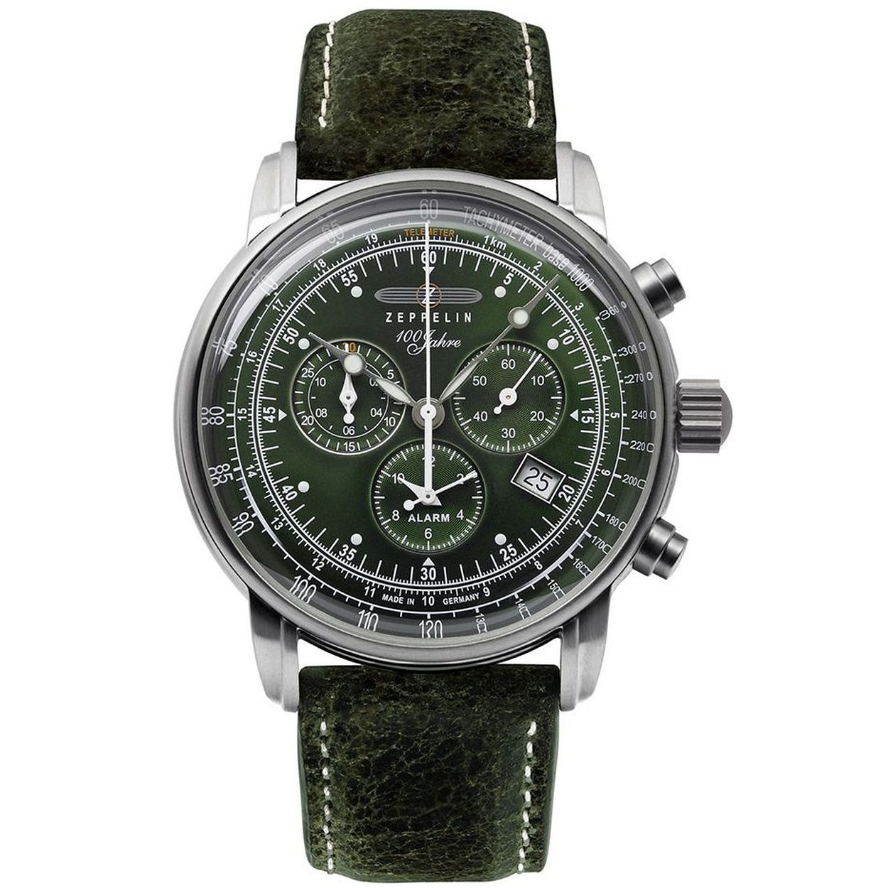Dit is een prachtig herenhorlge van het merk Zeppelin. De band is gemaakt van leer in de kleur groen. Dit horloge is een chronograaf. De maat van de kast is 42 mm. De aandrijving van dit horloge is een quartz.