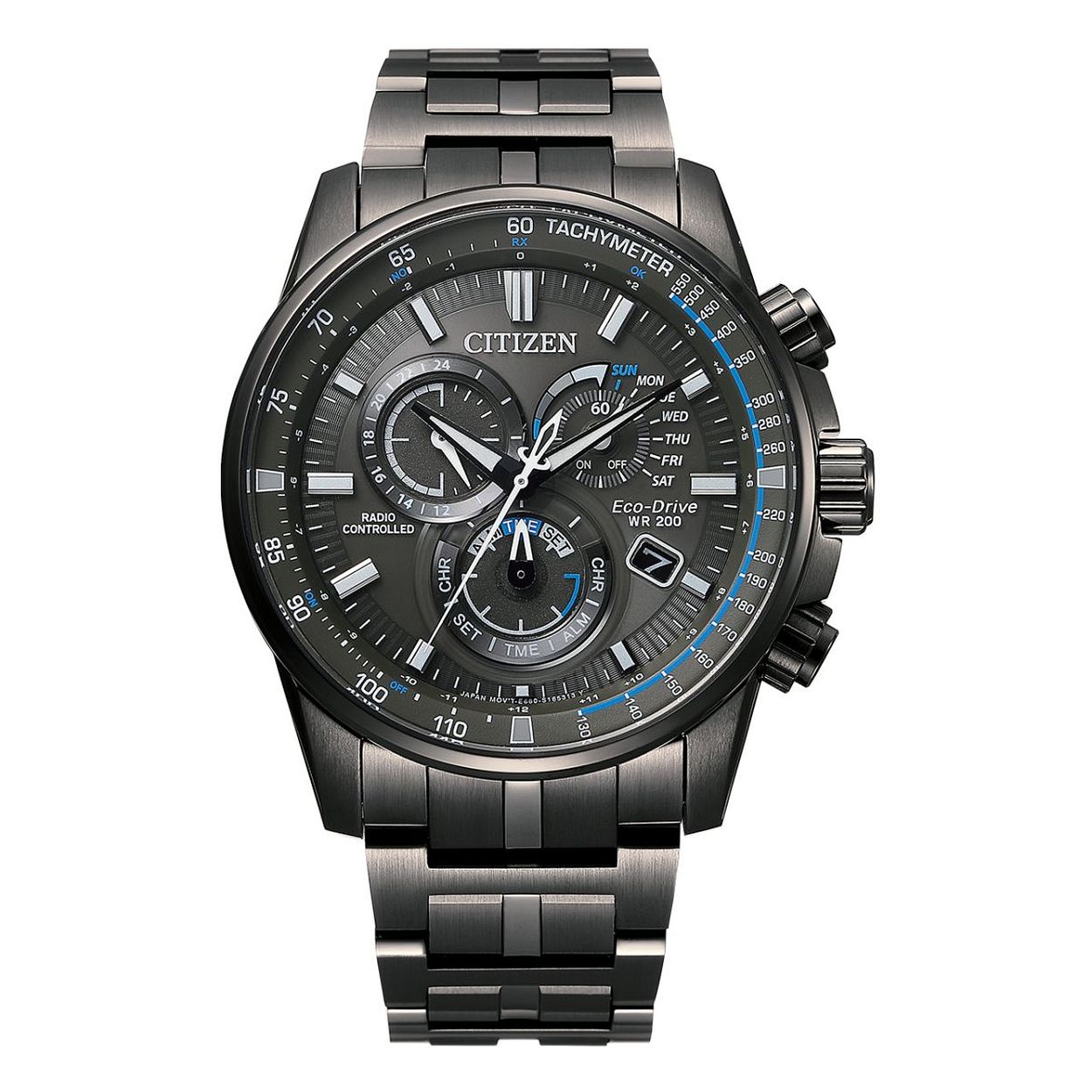 Citizen horloge Eco Drive Radio Controlled Promaster Sky Chronograaf staal met zwarte wijzerplaat, gun metal.