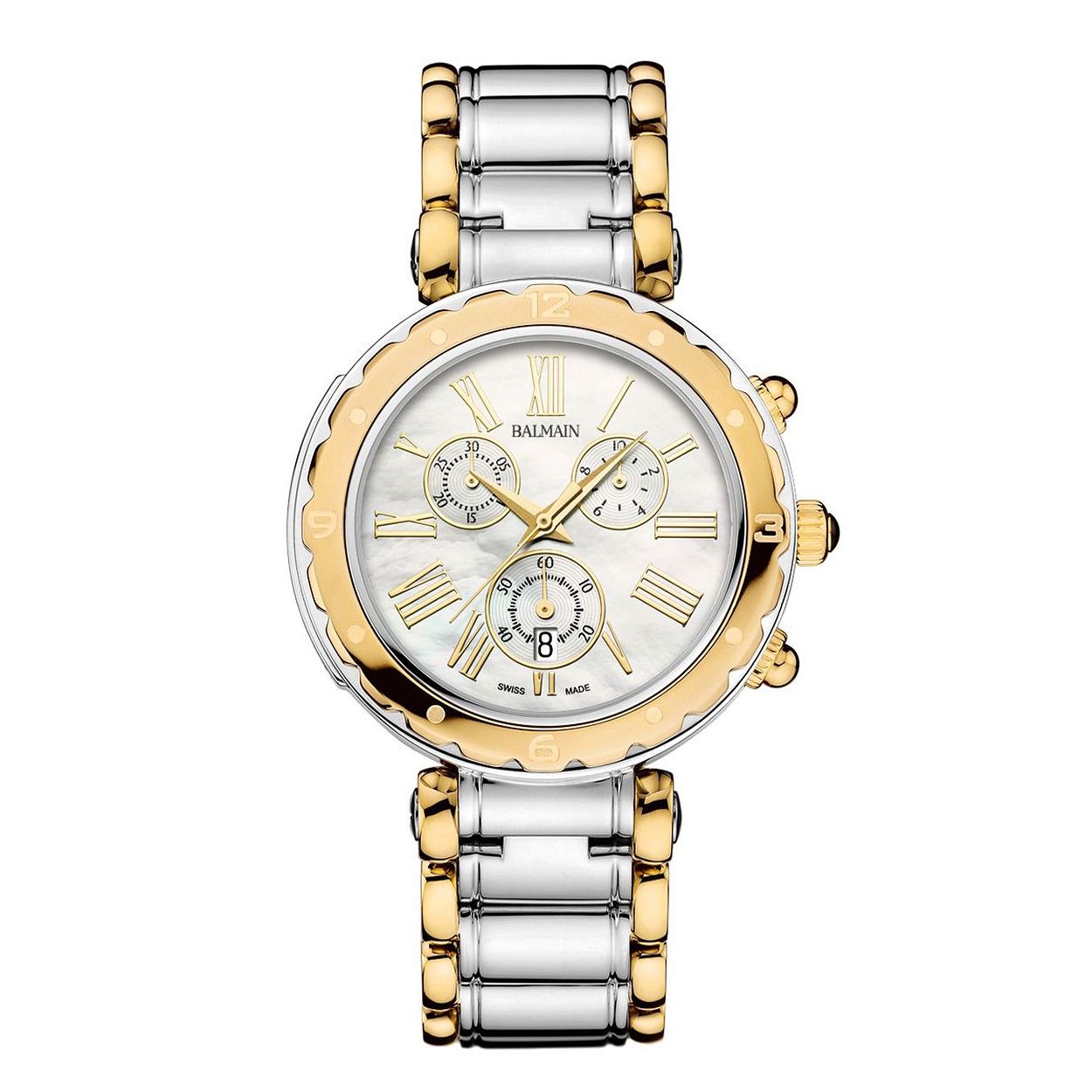 Dit dameshorloge heeft een bijzondere parelmoer wijzerplaat. De edelstalen kast en bi-color schakelband van het horloge zorgen voor een prachtige combinatie. De B5632.39.82 is voorzien van een quartz uurwerk, en is afgewerkt met een krasarm saffier glas. Naast de tijd is er ook een chronograaffunctie en datumaanduiding op de wijzerplaat geplaatst. Het model waterdicht tot een diepte van 50 meter. Dit houdt in dat het horloge zonder problemen omgelaten kan worden tijdens het douchen of zwemmen (duiken uitgezonderd). Dankzij de luxe details is dit Balmain horloge uit de Balmainia serie echt een plaatje om te zien.