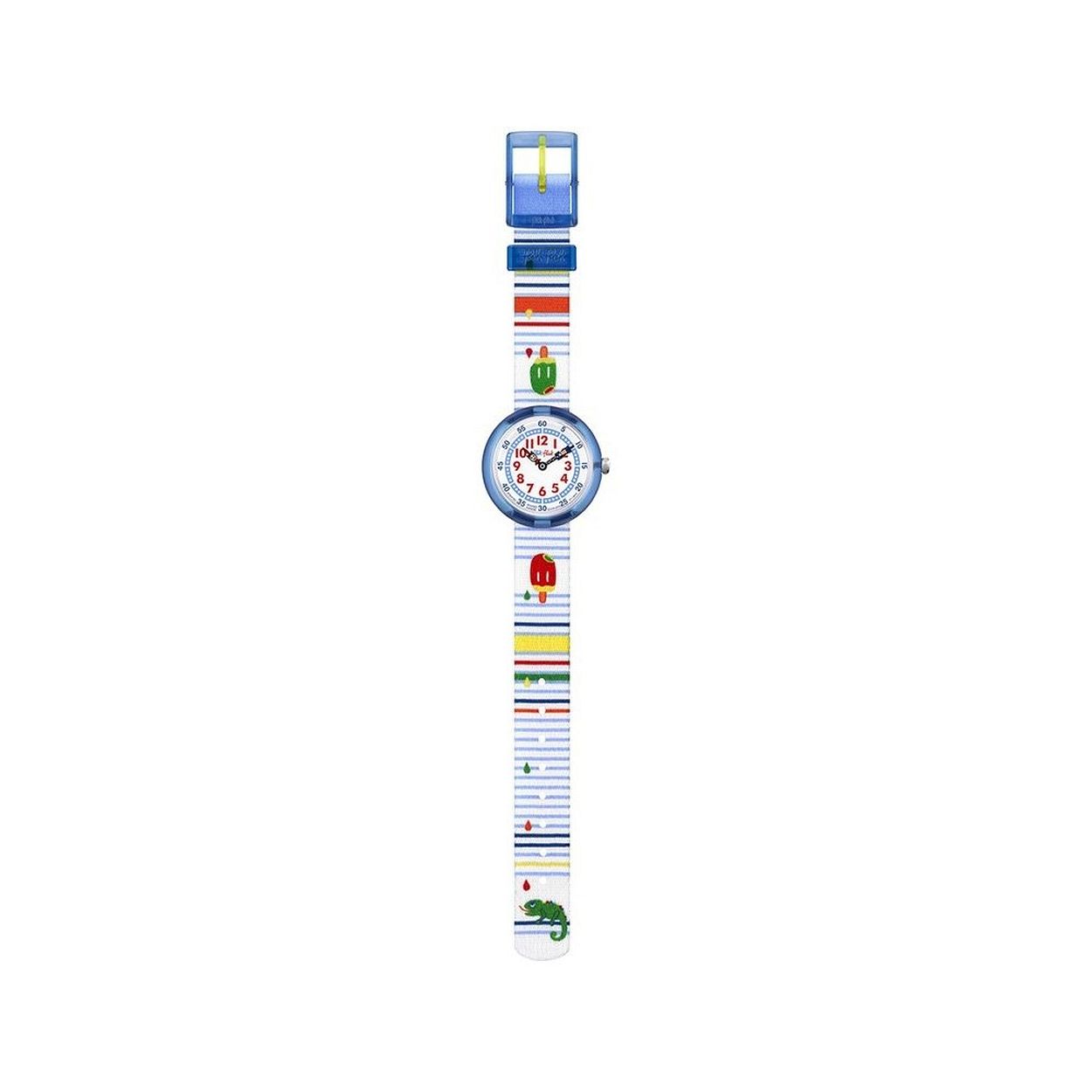 Ga mee naar de ICY PARTY met dit leuke en kleurrijke Swiss made-horloge. Compleet met een gestreept, kleurrijk textiel horlogebandje met druipende ijslolly’s en een dorstige kameleon. Dit in het oog springende lid van de Color Explosion-collectie maakt klokkijken extra leuk! Schok- en waterbestendig voor volledige gemoedsrust.