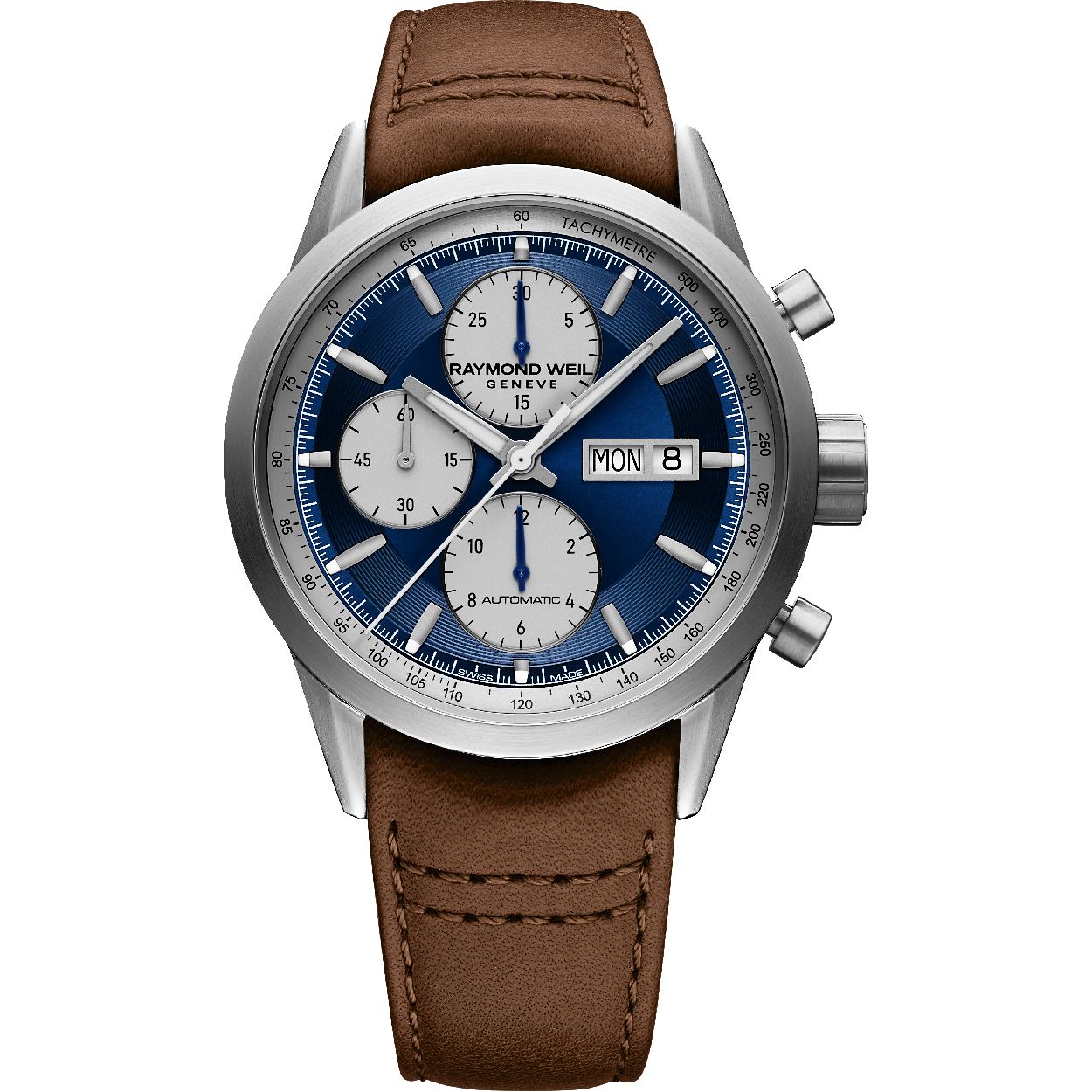 Dit unisexhorloge is van het merk Raymond Weil. Het is een polshorloge. De bandkleur van het horloge is bruin. De kast is rond van vorm. De kastkleur en wijzerplaatkleur zijn respectievelijk zilver en blauw.