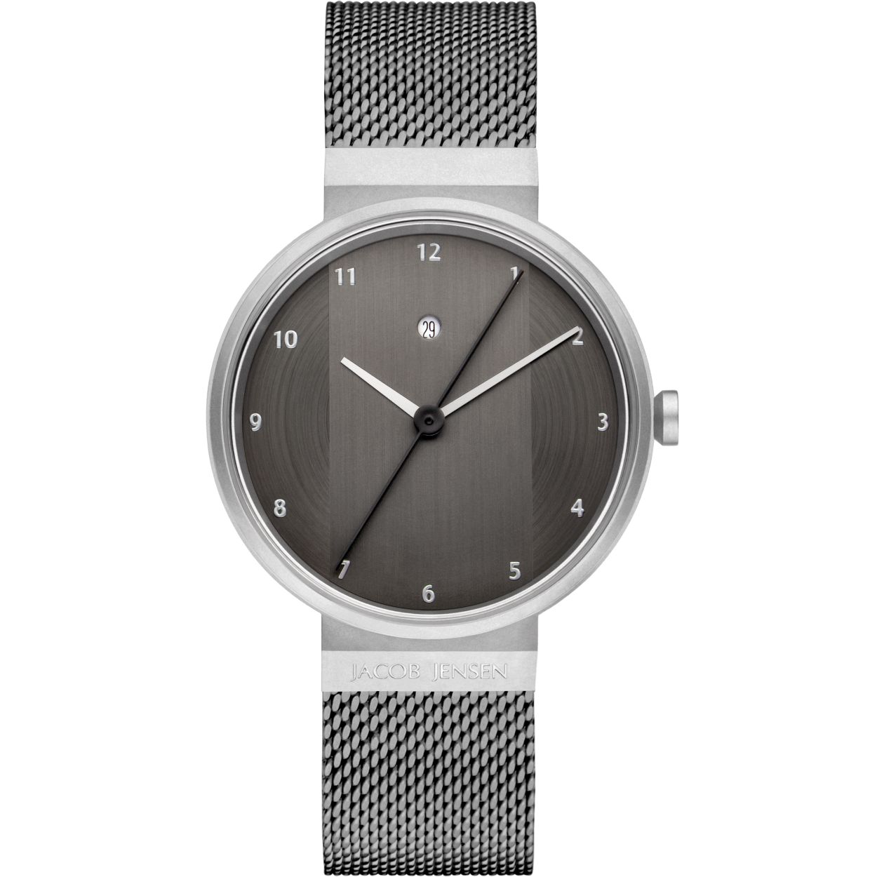Dit mooie en klassiek vormgegeven horloge heeft een kastdoorsnede van 35 mm mm en heeft een roestvrij stalen band in de mooie kleur grijs die sluit middels een vouwsluiting met drukker. De kleur van de wijzerplaat is grijs en de kast van het horloge is zilverkleurig. Deze Jacob Jensen met een quartz kwaliteitsuurwerk is analoog uitgevoerd. Het horloge is tot 3 ATM waterdicht en het horloge is afgewerkt met mineraalglas.