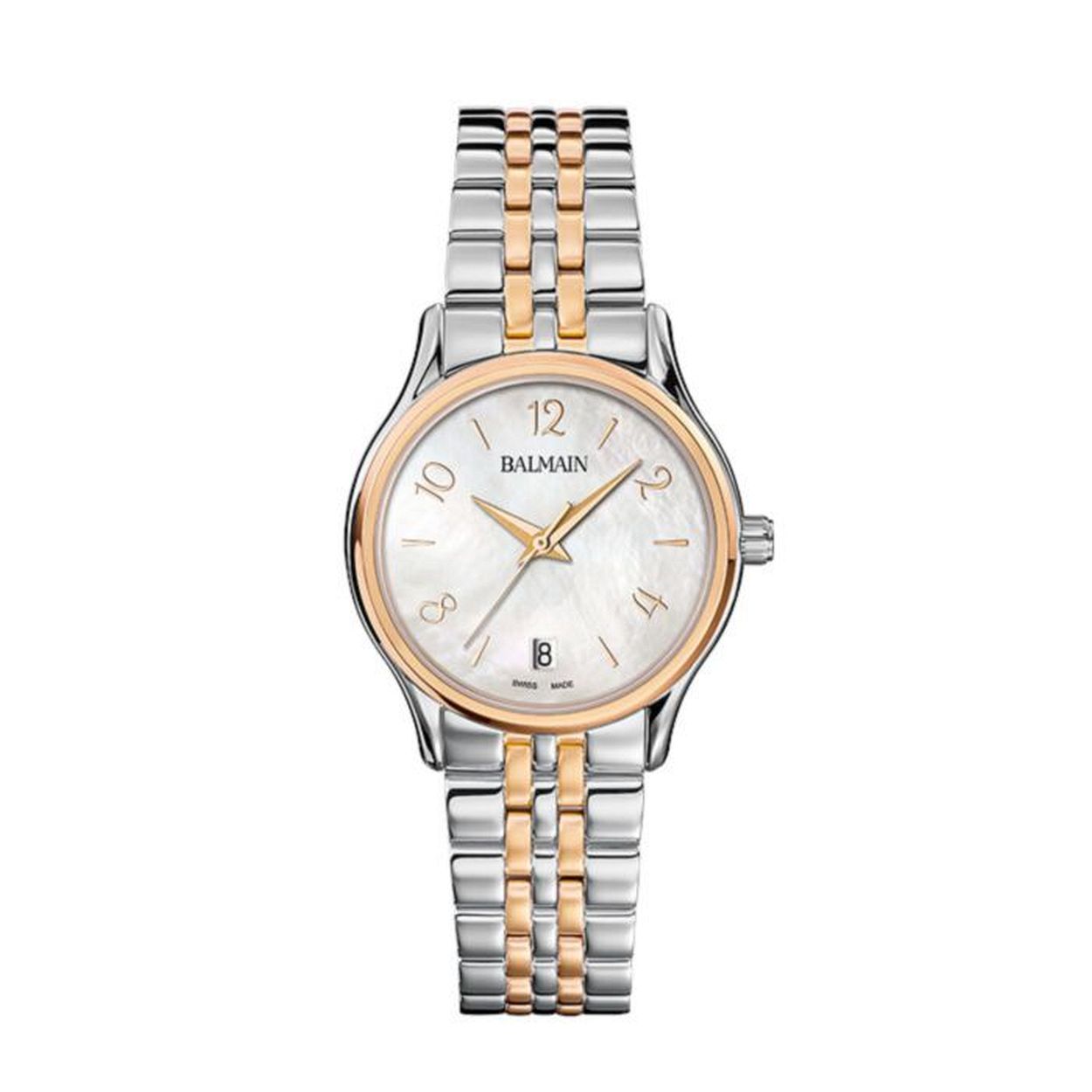 Dit Balmain Beleganza Lady dameshorloge is bekend onder Balmain-referentienummer B83583384. Het horloge heeft een quartz-uurwerk dat geplaatst is in een met PVD gekleurde edelstalen kast. Op de witte parelmoeren wijzerplaat is analoge tijdsweergave zichtbaar. Aan de kast zit een rosékleurige zilverkleurige met met PVD gekleurde stalen horlogeband met een vouwsluiting. Het quartz-uurwerk biedt u datum-aanduiding als tijdfunctie(s). De ronde horlogekast is 30m waterdicht en voorzien van een saffierglas.