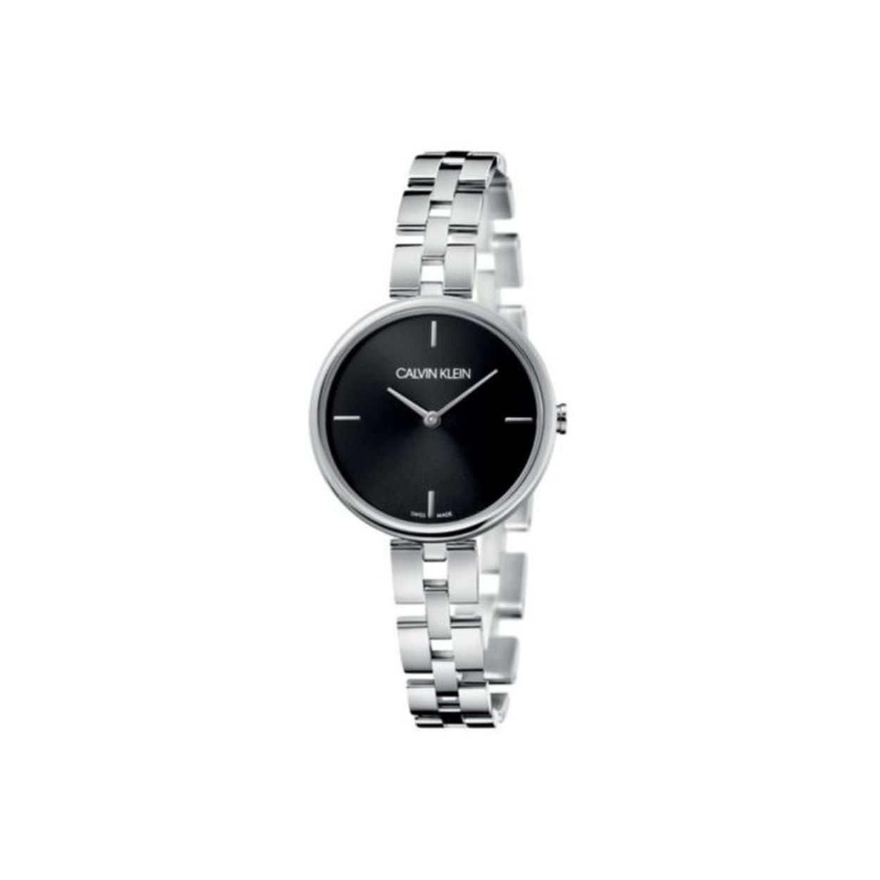  Calvin Klein dameshorloge, stalen band, ronde kast, zwarte wijzerplaat, saffier glas