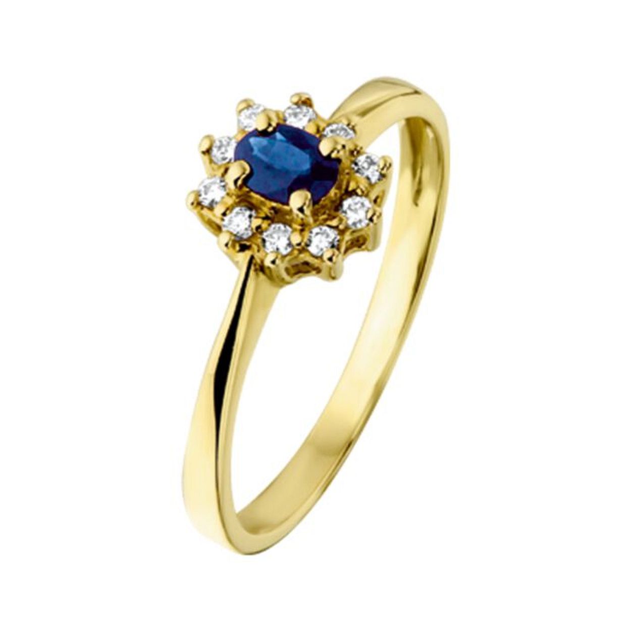 Ring in de stijl van de bekende verlovingsring van prinses Diana. Sieraden met Koninklijke allure. 14 krt geelgouden ring met een saffier 4x3mm en diamanten van totaal 0.08ct. De ring is onderdeel van een set.
Ringmaat: 18.50 mm 