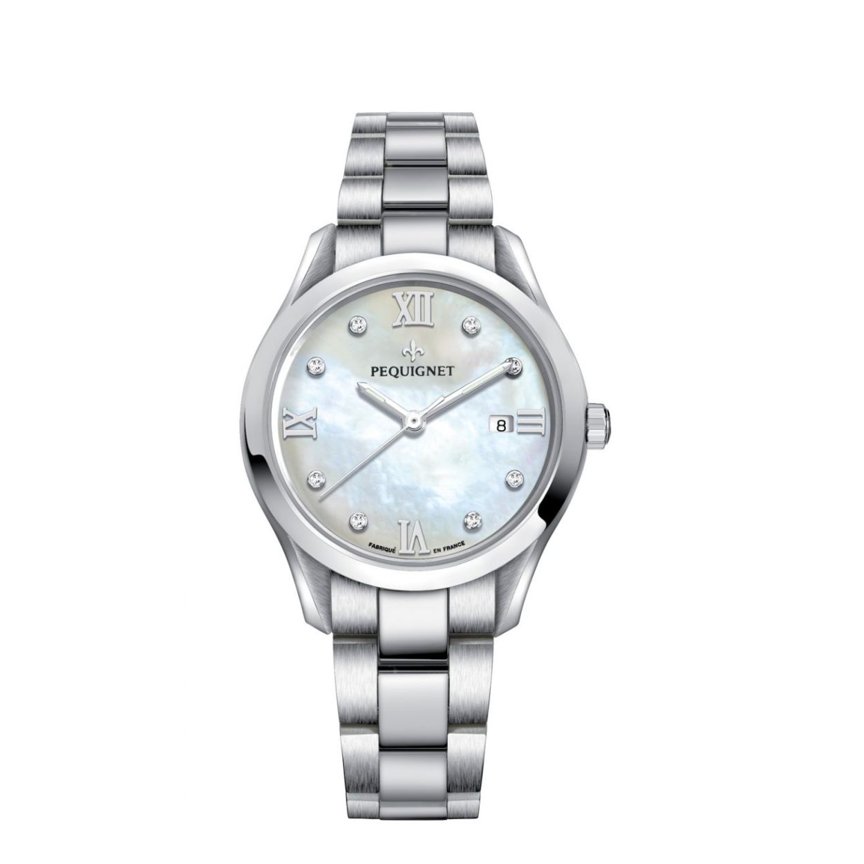 PEQUIGNET ELEGANCE DAMES HORLOGE, PARELMOER WIJZERPLAAT MET 8 DIAMANTEN, ZWITSERS UURWERK EN SAFFIERGLAS