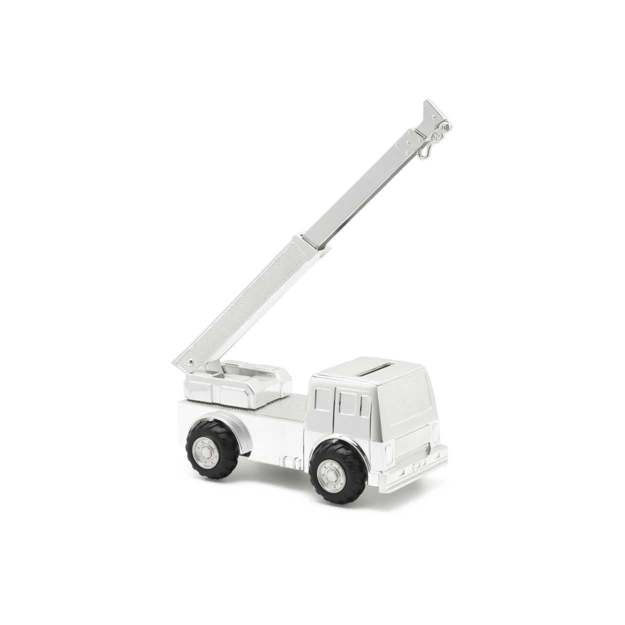 Zilverstad spaarpot van een takelwagen. De spaarpot is verzilverd en gelakt. Een mooi kraamcadeau!