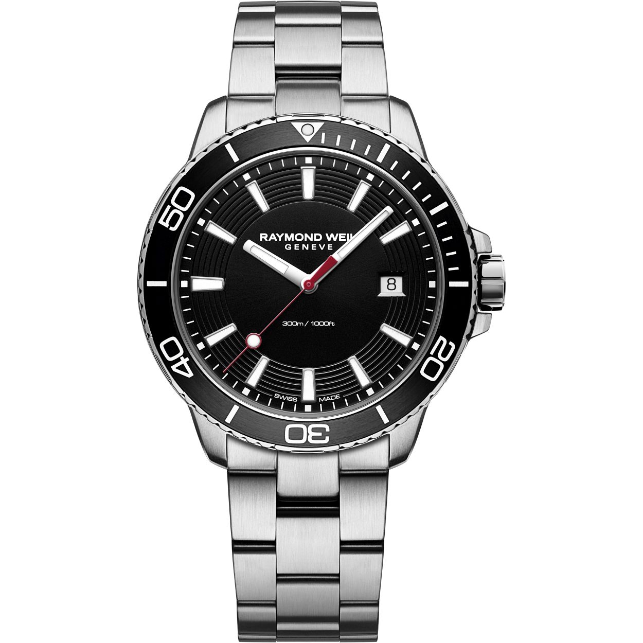 Serie Tango Materiaal kast Roestvrij staal Diameter kast 42 mm Waterbestendigheid 30 ATM / 300 meter / 1.000 voet Uurwerk Swiss Made Ronda 515.24H Uurwerktype Kwarts Kristal Saffierglas Materiaal band Roestvrij staal Kleur band Zilver Kleur kast Zilver Wijzerplaat -kleur Zwart Categorie Bekijk Geslacht Man