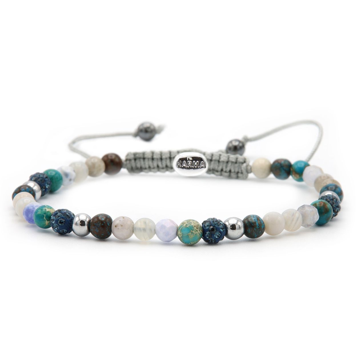 Deze karma armband spiral beach heeft mooie natuurstenen en blauwe kristallen 