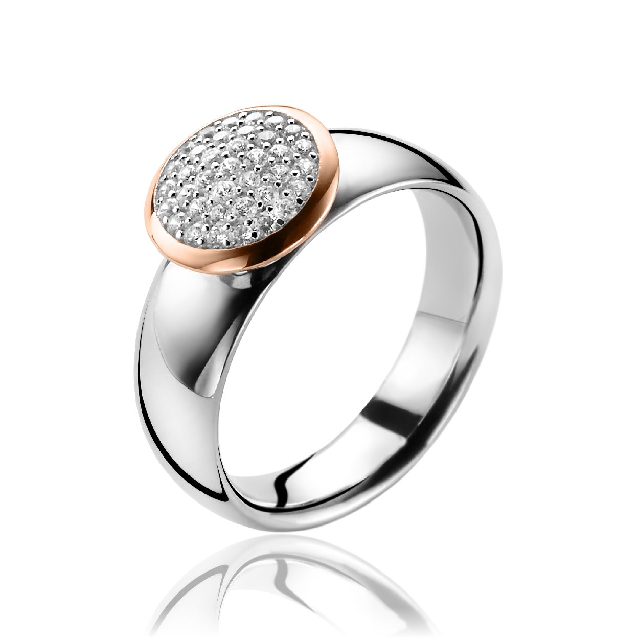 ZINZI zilveren ring met ronde rosé vergulde top. De topzetting is vol bezet met witte zirconia's en geeft een chique look. Vervaardigd van eerste gehalte zilver (925) en voorzien van een extra roségoudkleurige laag.