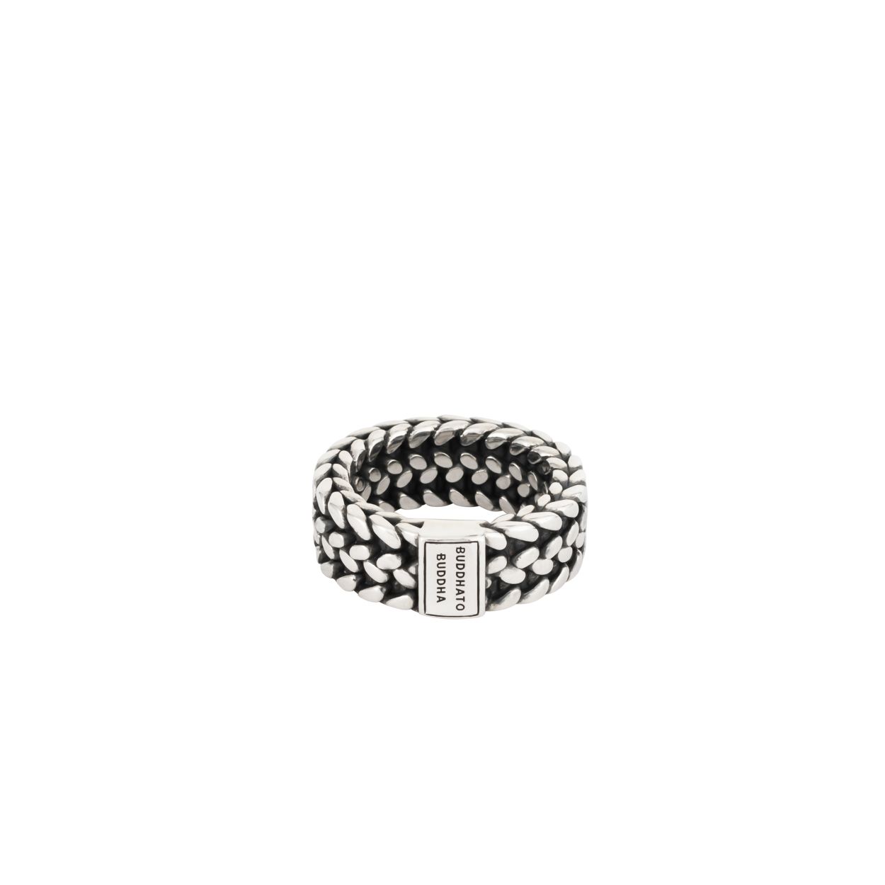 Buddha To Buddha black rhodium dubbel rij gevlochten 925 sterling zilveren fantasie ring met een zilveren logo plaatje. Model - 193 BRss-Julius in maat 20.