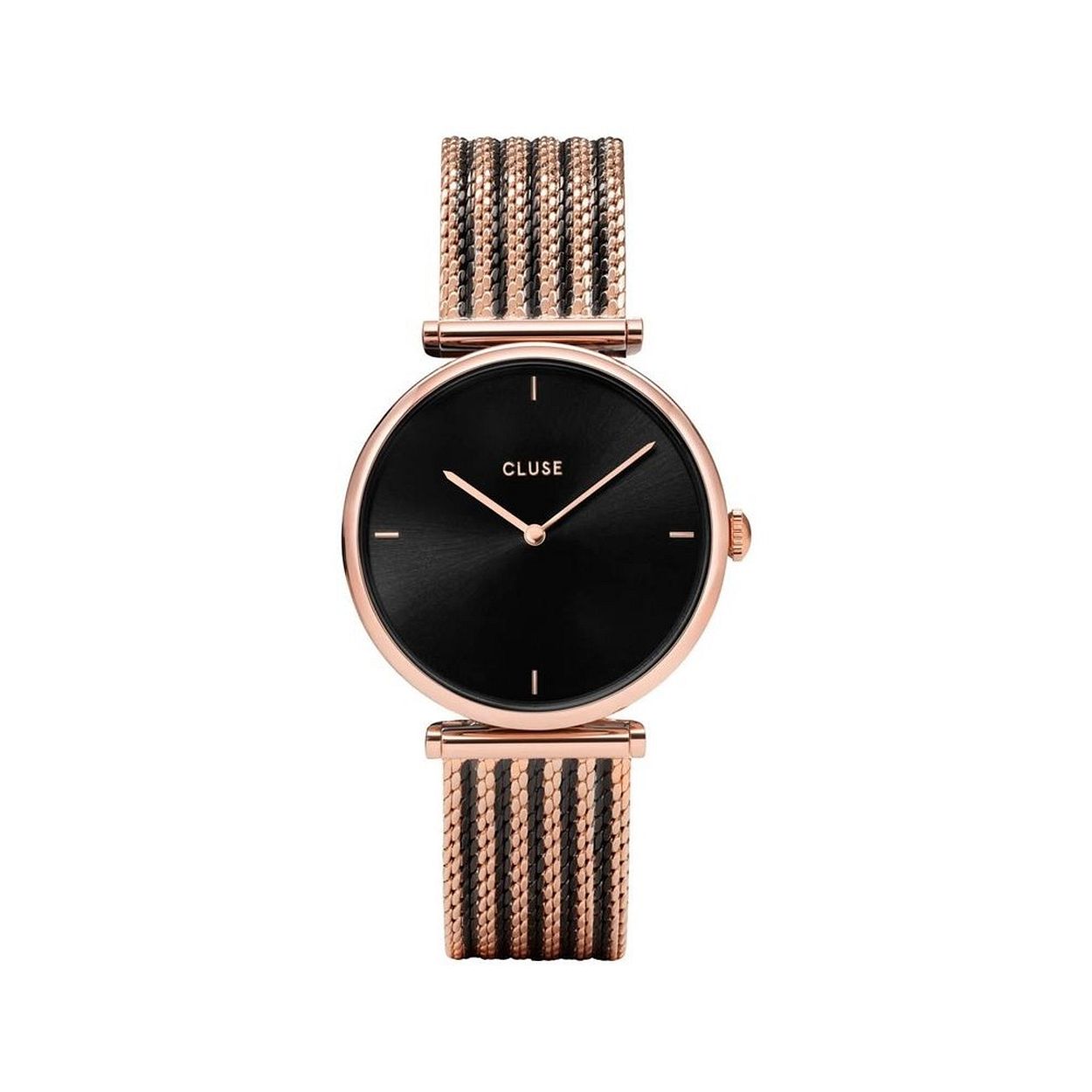Ingetogen elegantie met contrasterende elementen die uitnodigen om naar hartenlust te mixen en matchen. Het mesh bandje met roségoudkleurige en zwarte strepen laat elegante eenvoud en glamoureuze glans samenkomen. De T-vormige bandaanzet zorgt voor een sierlijk silhouet. De wijzerplaat heeft een zachte metallic glans die het licht vangt en de aandacht trekt. 