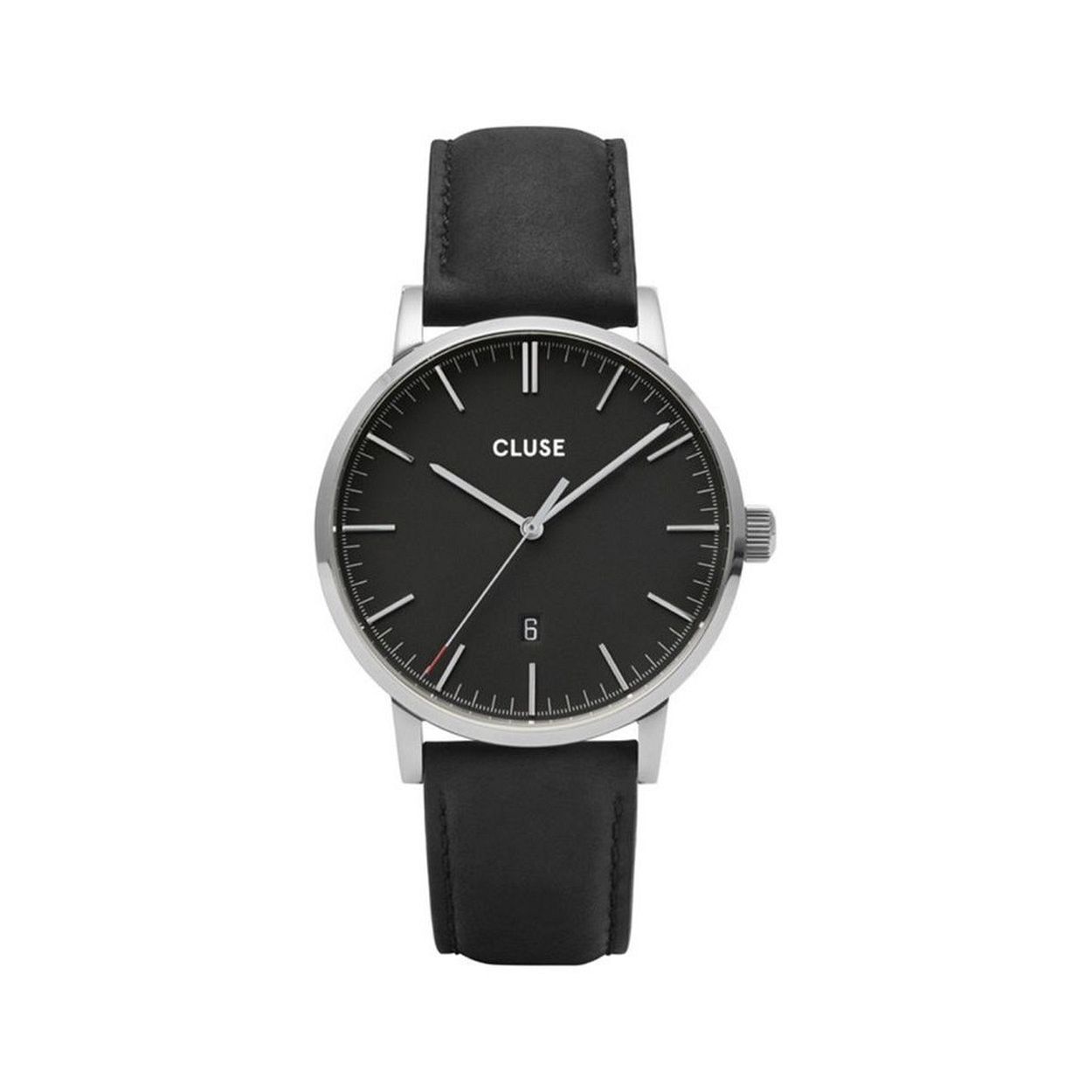 Dit is een horloge van Cluse. De kast is gemaakt van edelstaal en de kleur van de kast is zilver. De band is gemaakt van leer en de kleur van deze band is zwart.