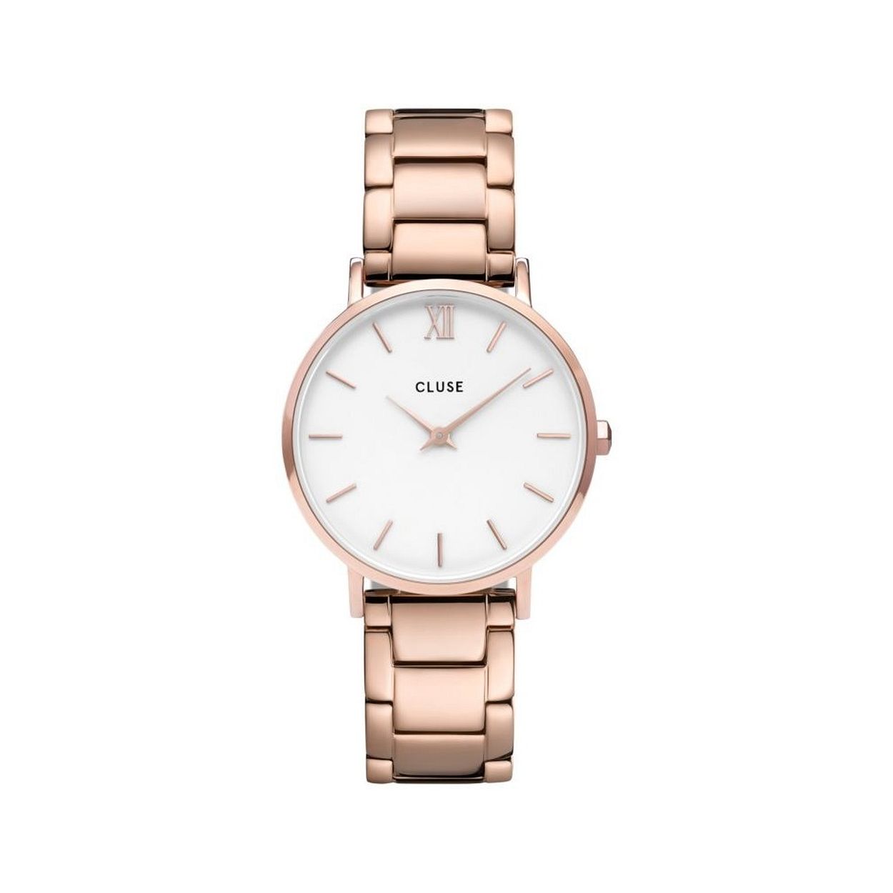 Onze Minuit-collectie eert sterrennacht en elegante avondlooks. Het filigrane ontwerp van dit vederlichte horloge maakt het de perfecte accessoire voor een modieus en toch subtiel totaalbeeld. Het horloge heeft een klassieke witte wijzerplaat en een hoogglans gepolijste roségoudkleurige armband met 3 schakels. De armbanden kunnen worden verwisseld met elke armband van dezelfde maat.