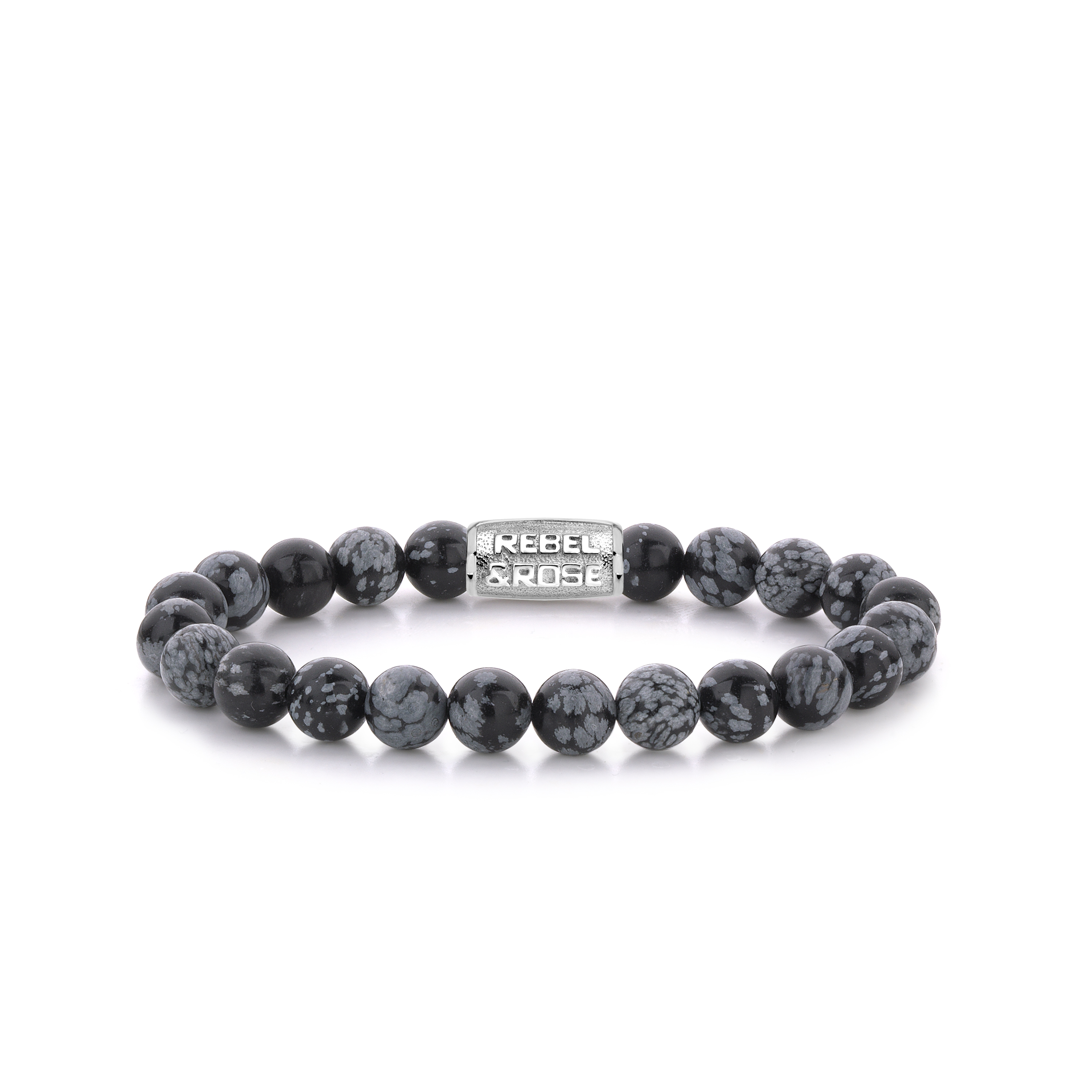 Edelstenen bead armband, handgemaakt van 8mm Sneeuwvlok Obsidiaan met een zilverkleurige sluiting. Het Rebel & Rose sieraad is makkelijk te combineren met andere zilveren, leren of kralenarmbanden.