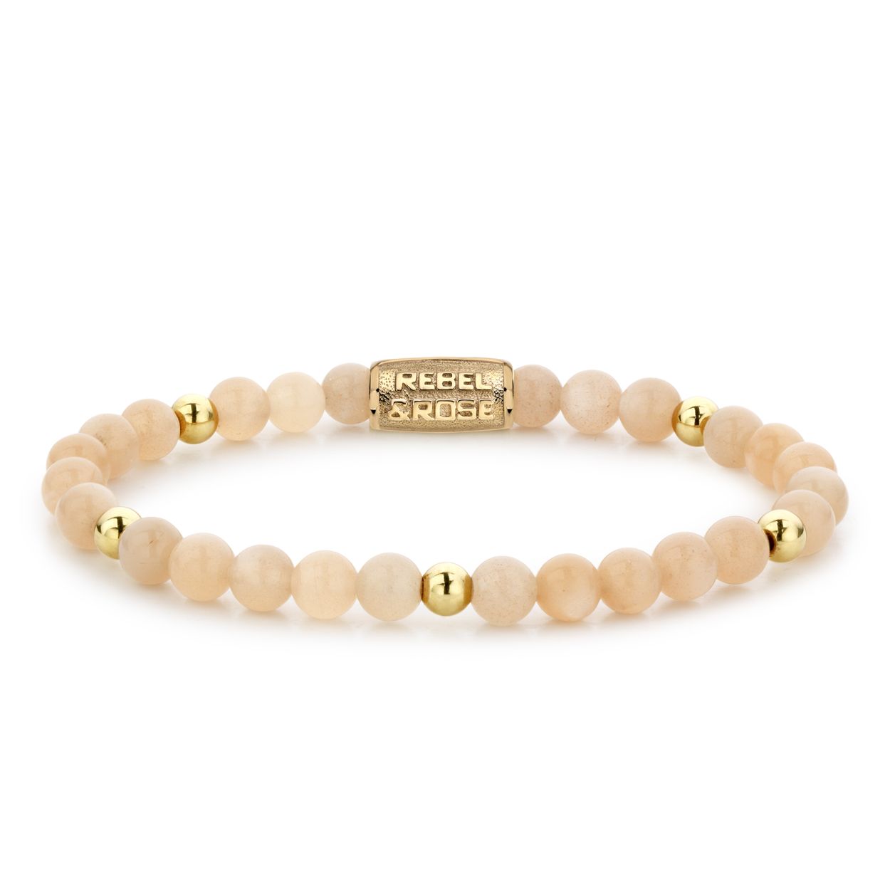Natuurstenen armband van het merk Rebel & Rose. De armband heeft een hoogwaardige elastische stretch koord, 6mm beads van Sunstone met RVS gold-plated