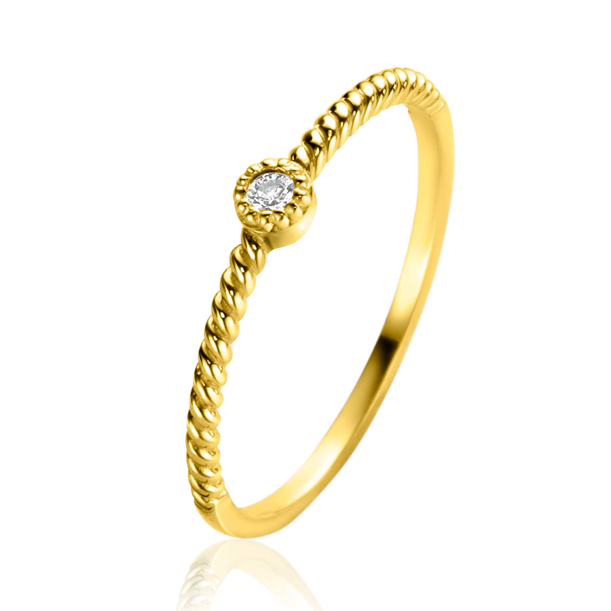 ZINZI Gold 14 krt gouden ring met gedraaide scheen en bezet met een ronde witte zirconia in bolletjes zetting van 3mm ZGR481