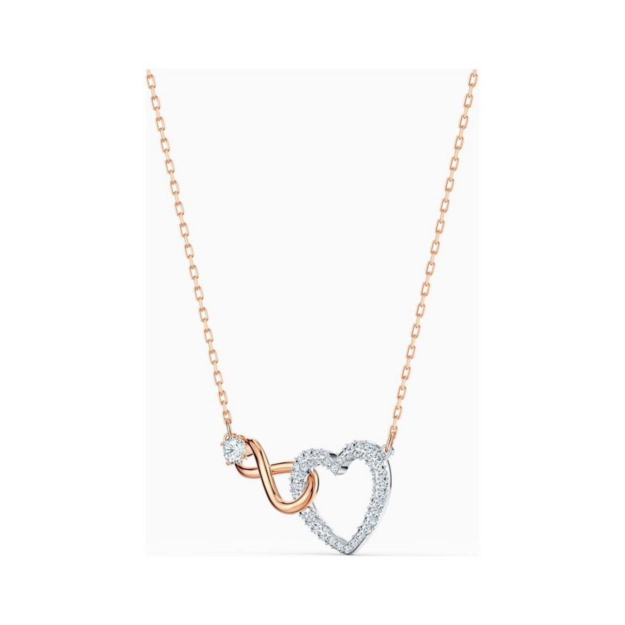 Tijdloze romantiek: de symbolen van liefde en oneindigheid zijn samengebracht in deze elegante Swarovski-ketting. In dit prachtige item is een wit kristallen hart verweven met een oneindigheidssymbool met roségoudkleurige toplaag, wat een zichtbare uiting vormt van de belofte van eeuwige liefde. Een perfect cadeau voor je partner.

Artikelnr.: 5518865
Collectie:  Swarovski Infinity
Kleur:  Wit
Lengte: 38 cm
Hanger grootte: 1.5x2.5 cm
Materiaal:  Kristallen, Gemengde metalen afwerking
Type sluiting:  Karabijn