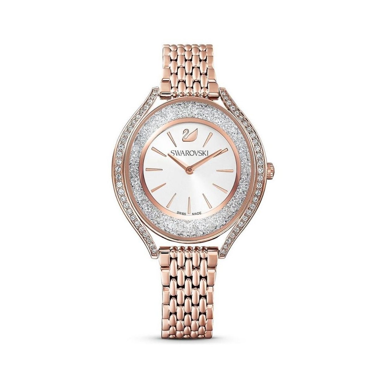 Zeer elegant: dit Swarovski-horloge uit onze Crystalline Aura-collectie combineert op kundige wijze vorm en functie. Meer dan 1300 kristallen in de roségoudkleurige PVD-kast zorgen voor een schitterend sprankelend effect. Een roségoudkleurige PVD-armband en een witte zilverkleurige wijzerplaat met de Swarovski-zwaan op 12 uur maken het geraffineerde ontwerp compleet. Dit Zwitserse horloge is waterbestendig tot 50 meter.

