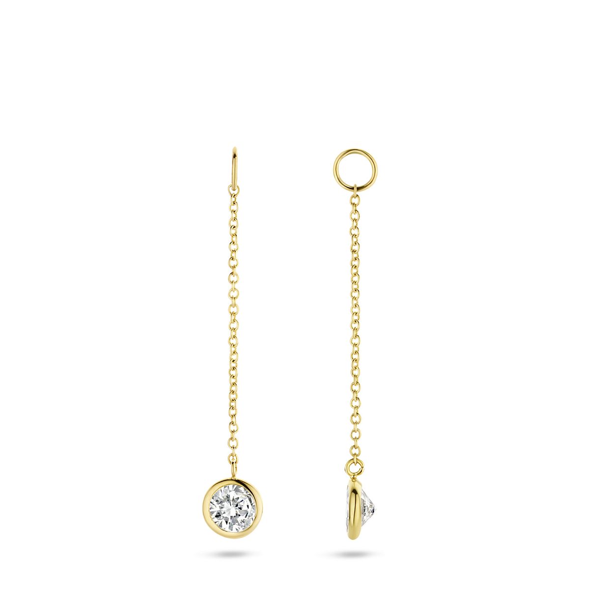 Deze sierlijke oorbedels zijn gemaakt van 14k geelgoud bezet met schitterende zirkonia en hebben een lengte van 2,8 cm. Je schuift ze eenvoudig om een oorring en ze mixen en matchen mooi met andere oorsieraden uit onze collectie.