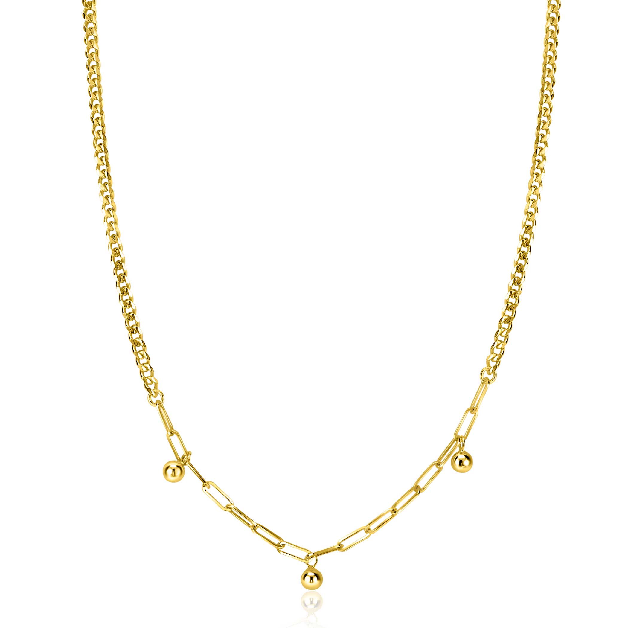 ZINZI gold plated zilveren schakelketting met gourmet en paperclip schakels en bolletjes 40-45cm ZIC2521G