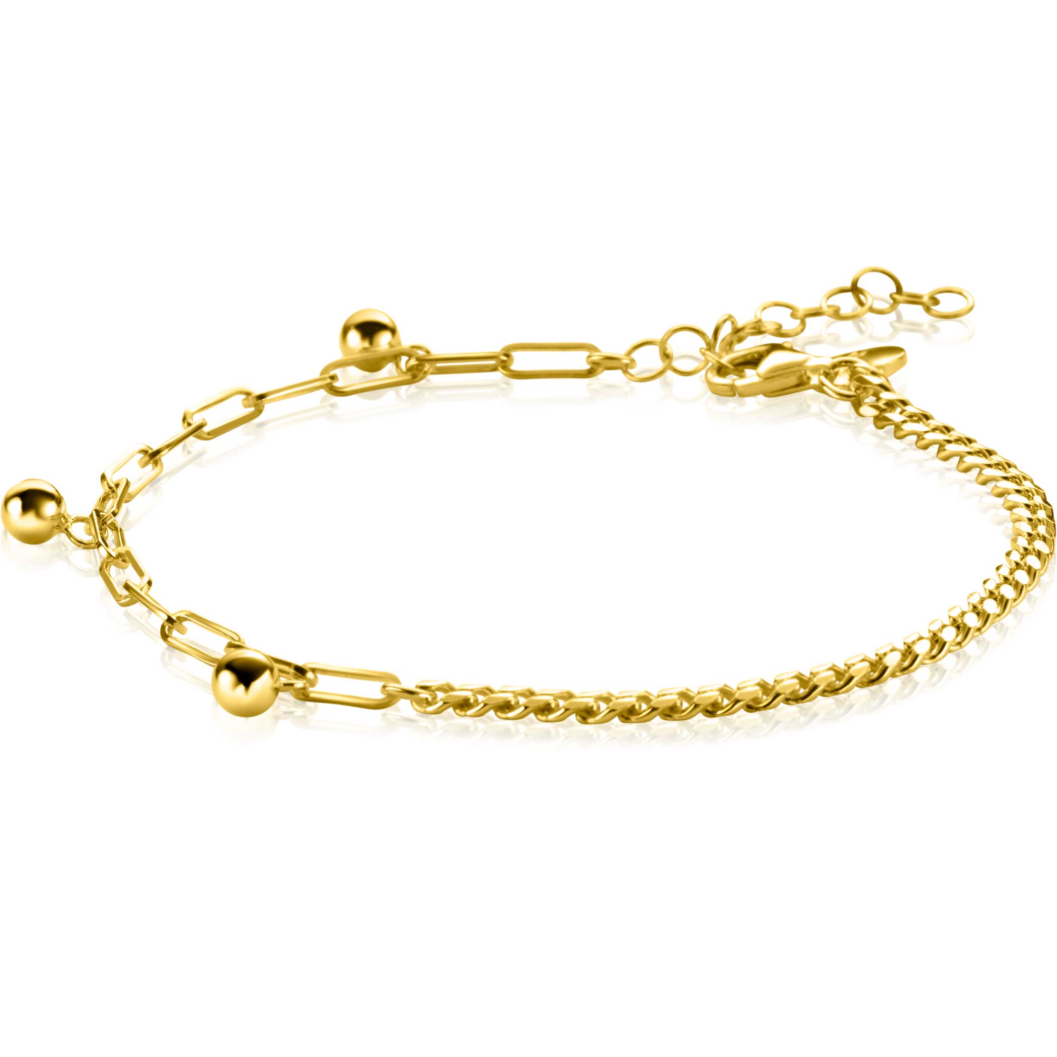 Zinzi armband goldplated 
boxlink schakel en bolletjes
verlengbaar qua maat 