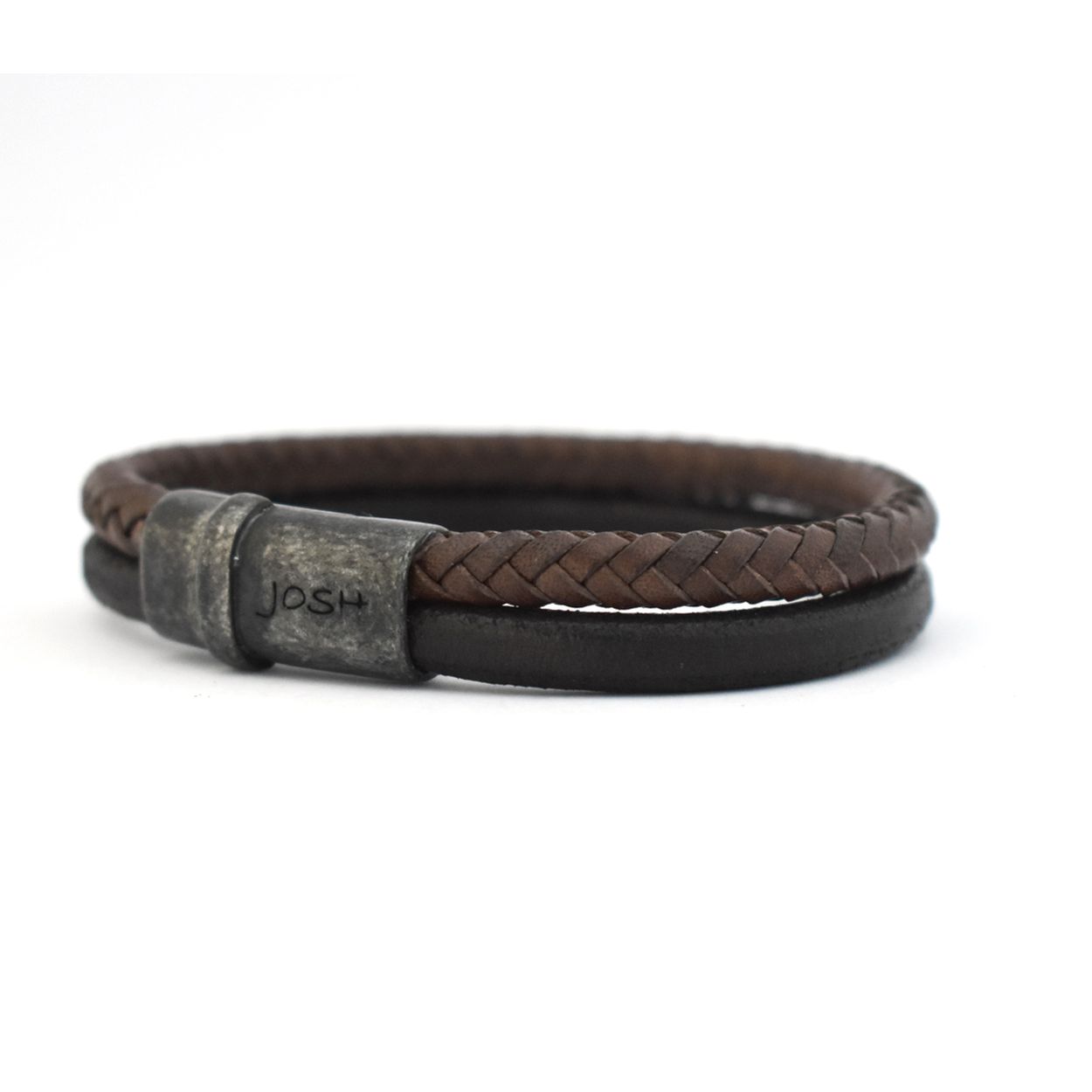 Josh armband leder verzilverd Brown Dubbel 09177-bra-s-L-1