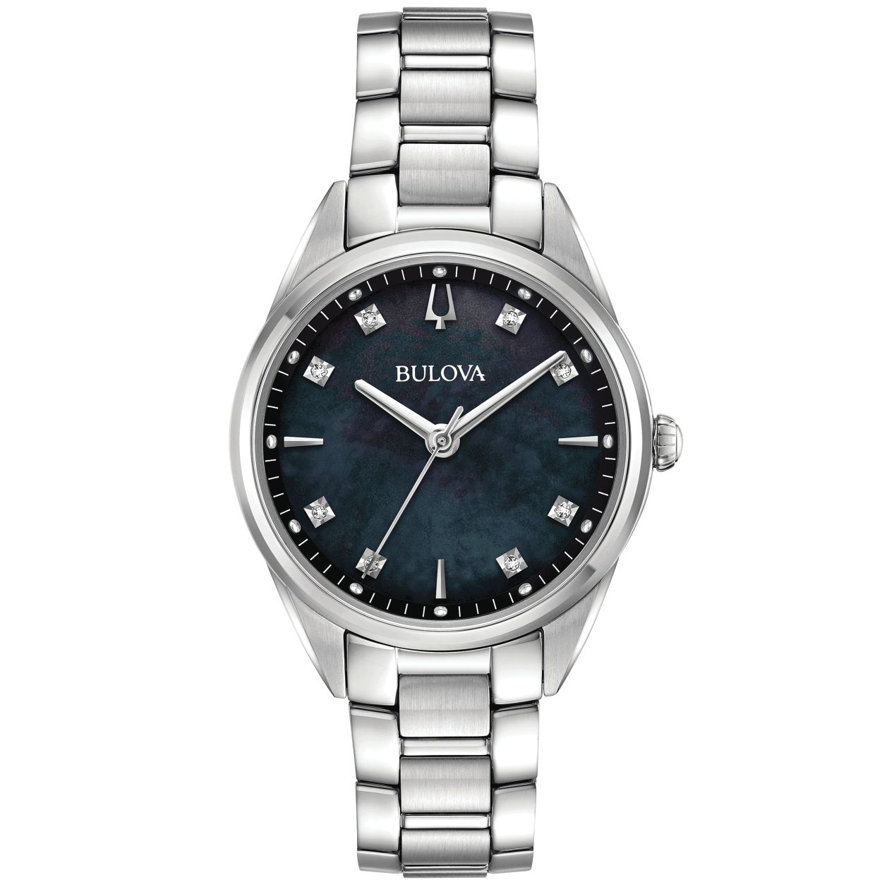 Classic Collection. Sutton. Saffierglas. 30m WR. 32mm Quartz. zwarte parelmoer wijzerplaat bezet met 8 diamanten