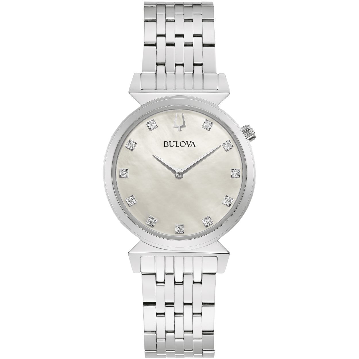 Bulova - Classic Collection. Regatta. Saffierglas. 30m WR. 30mm Quartz. witte parelmoer wijzerplaat bezet met 11 diamanten - 96P216