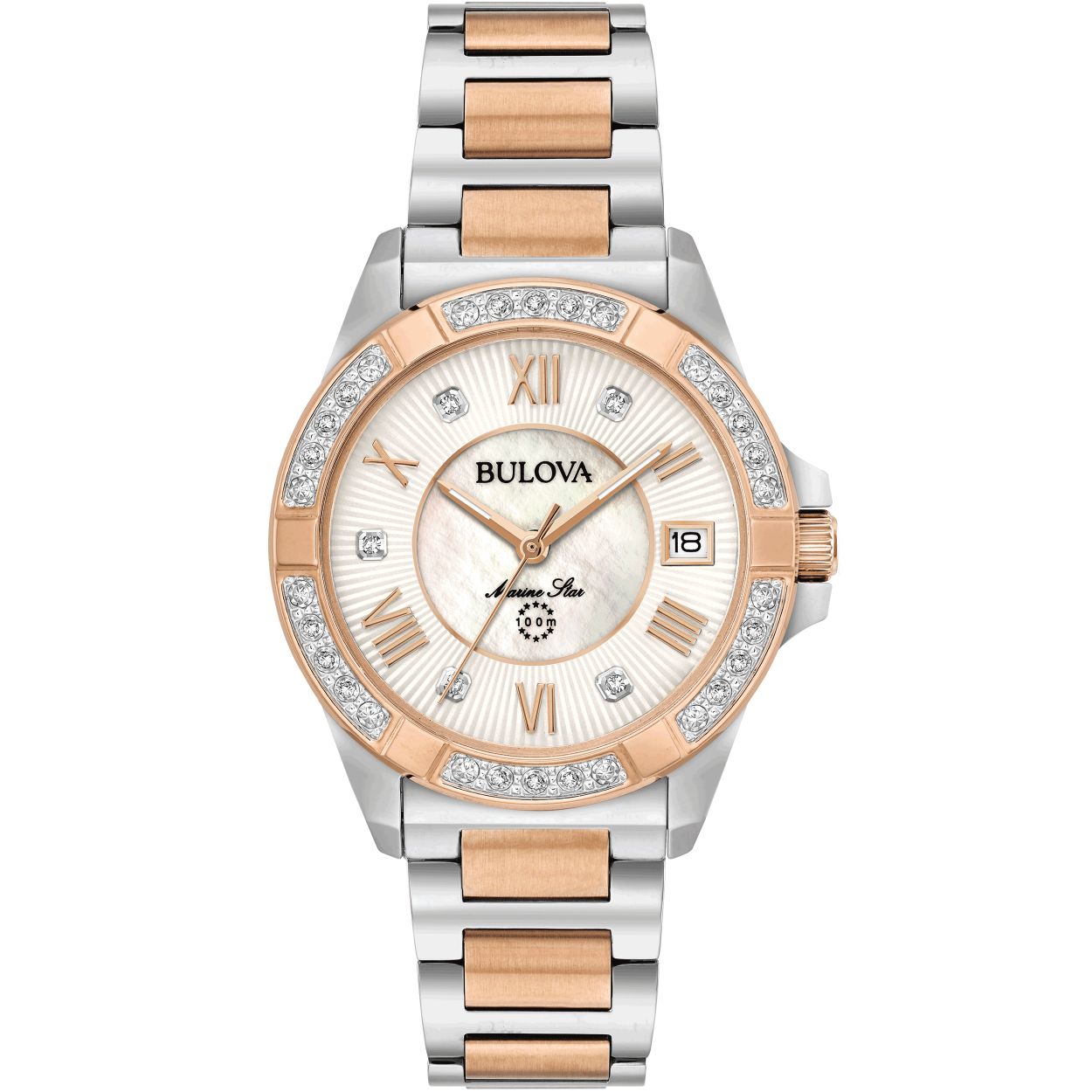 Bulova Marine Star Collection. Saffierglas. 100m WR. 32mm Quartz. witte parelmoer wijzerplaat. bezet met 24 diamanten - 98R234