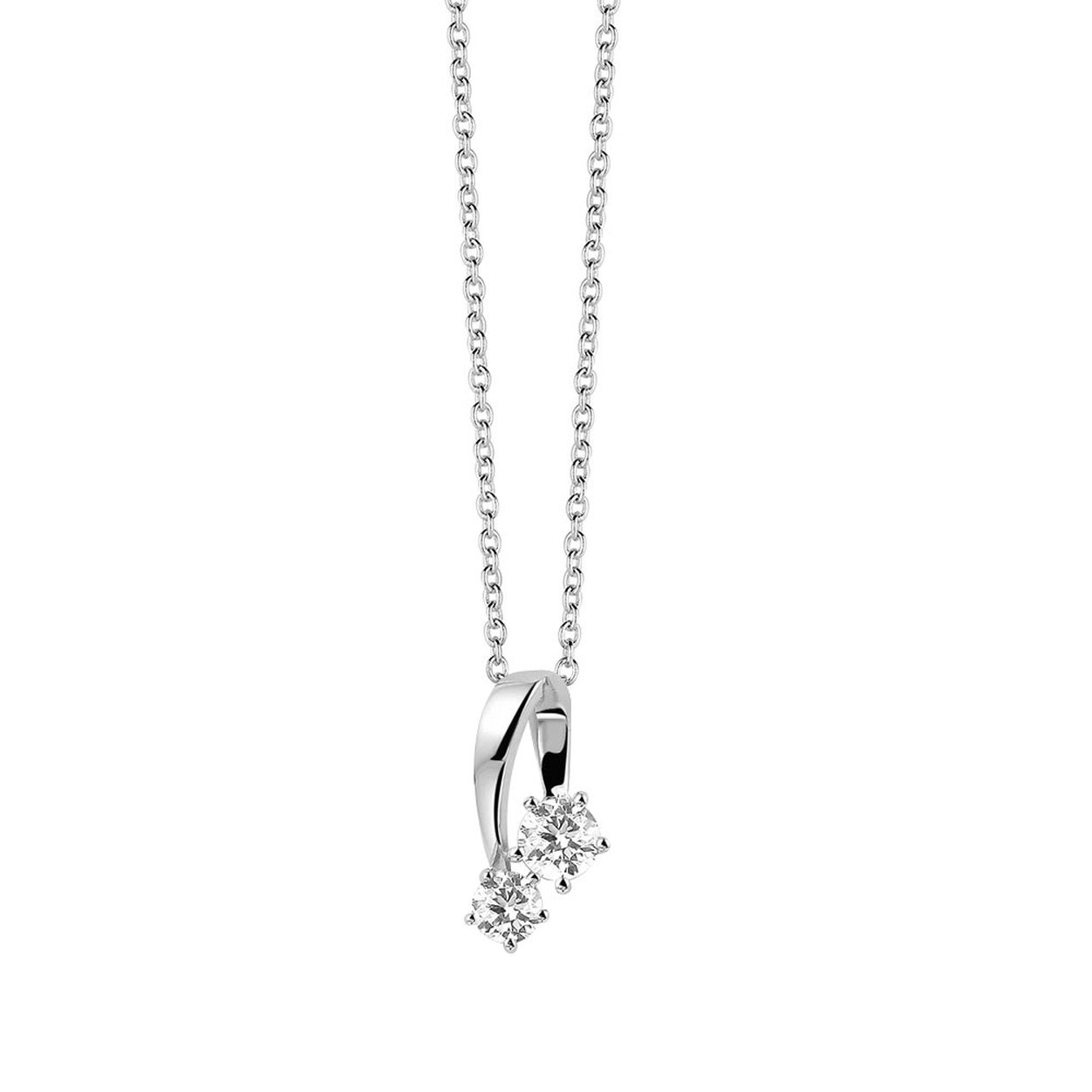 Dit is een collier van het merk Garonne .
Het is een zilveren collier met een hanger met 2x zirkonia.
Lengte collier: 40-46 cm 
Lengte hanger: 20 mm