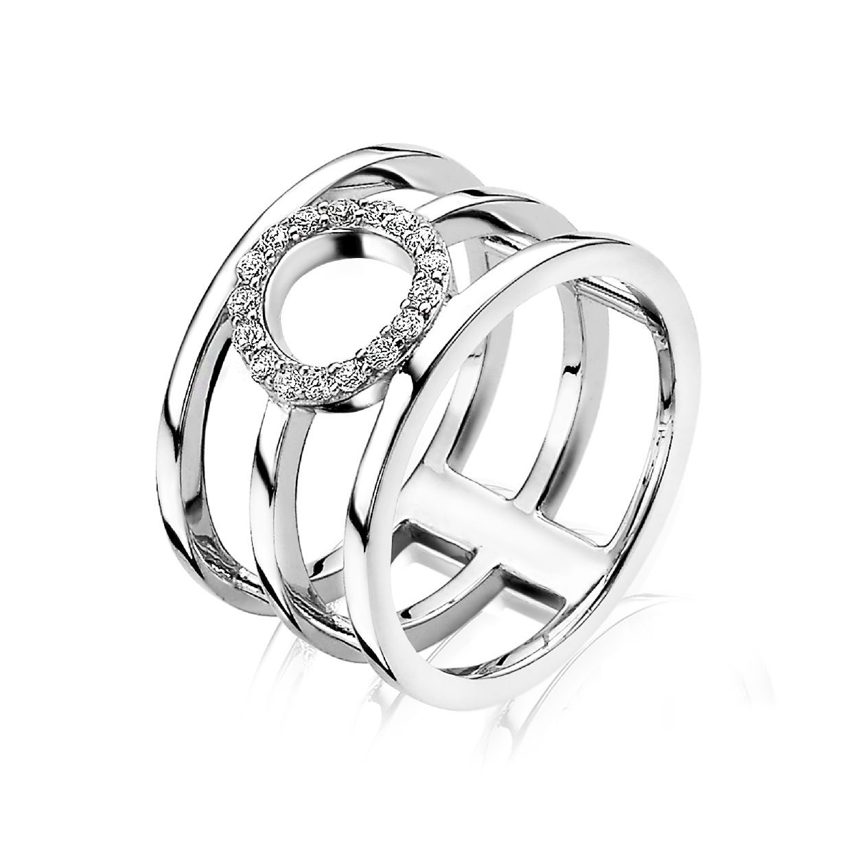 ZINZI zilveren ring 3 dubbel open rondje zirconia mt.58