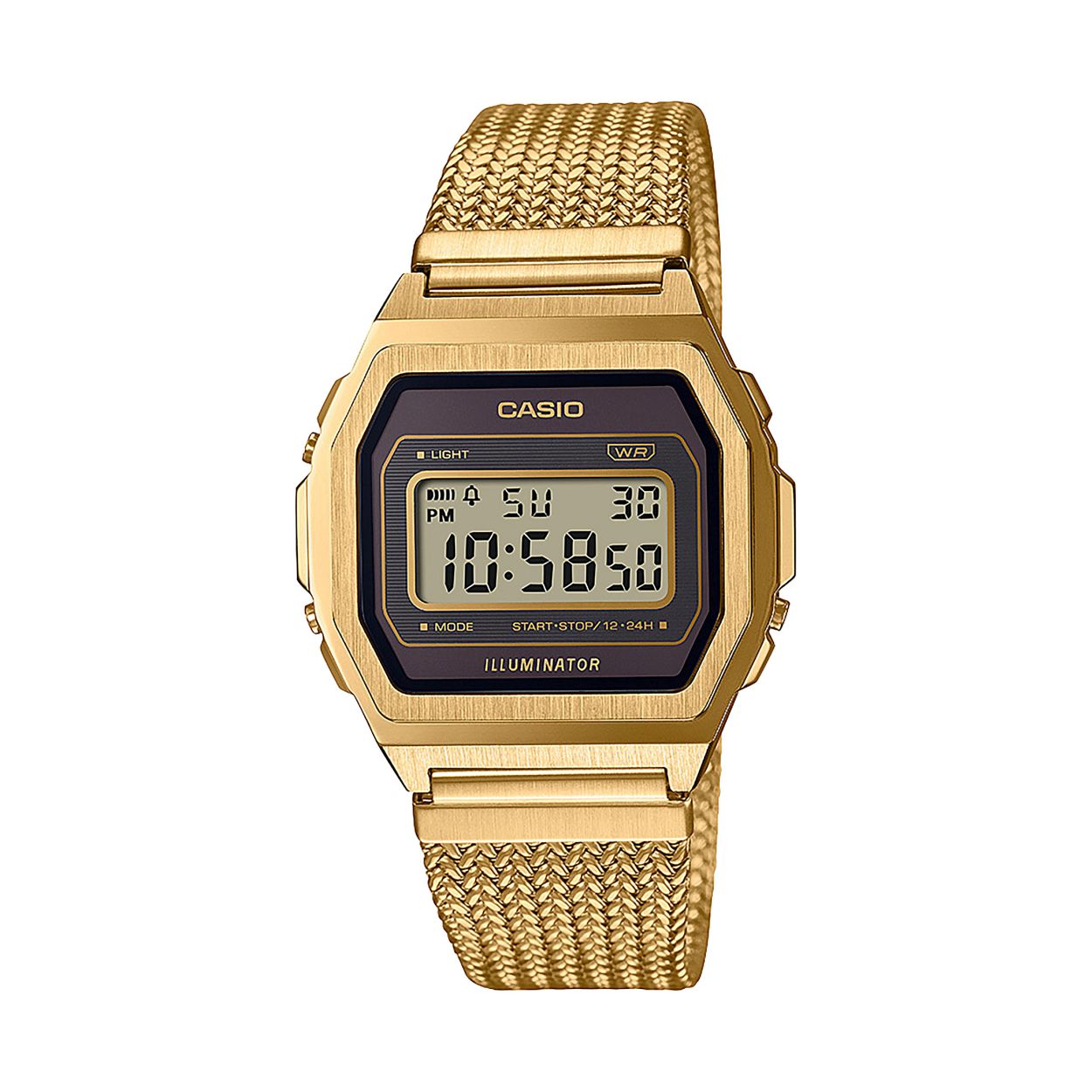 Dit is een Casio horloge uit de collectie VINTAGE ICONIC. 
Dit horloge heeft de volgende specificaties: 

Kast: 
Kastmateriaal: Massieve roestvrijstalen kast
Kasthoogte: 39.6 mm
Kastbreedte: 38 mm
Kastdikte: 7.3 mm

Band: 
Sluiting: Verstelbare sluiting
Bandbreedte: 21.5 mm
Bandlengte: 150-205 mm

Overige specificaties: 
Gewicht: 70 gram
Glassoort: Mineraalglas
Waterdichtheid: Classificatie waterbestendigheid (WR) conform ISO 22810
Dagalarm
Batterijduur: 3 jaar - 1 batterij
LED lampje
Automatische kalender
12/24-uurs tijdweergave
Stopwatchfunctie - 1/100 sec. - 1 uur
Batterij: CR1616
ACCURATIE: +/- 15 sec