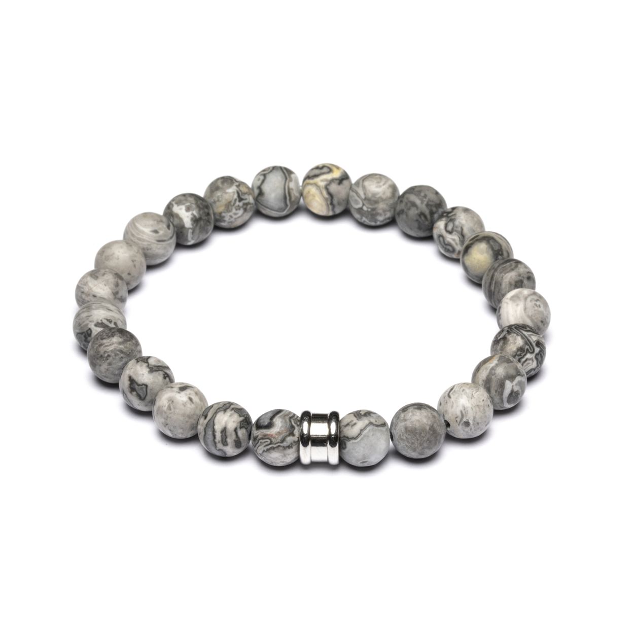 De Alpha Mat Grey armband is gemaakt van natuursteen Jaspis wat ook Gevlekt en Gespikkeld betekent. Deze steen komt oorspronkelijk uit Mexico en is een niet - transparante steen die afkomstig is van minerale afzettingen uit vulkanische as. Hij zorgt voor doorzettingsvermogen, geeft je een extra dosis energie en helpt je om je grenzen te stellen.