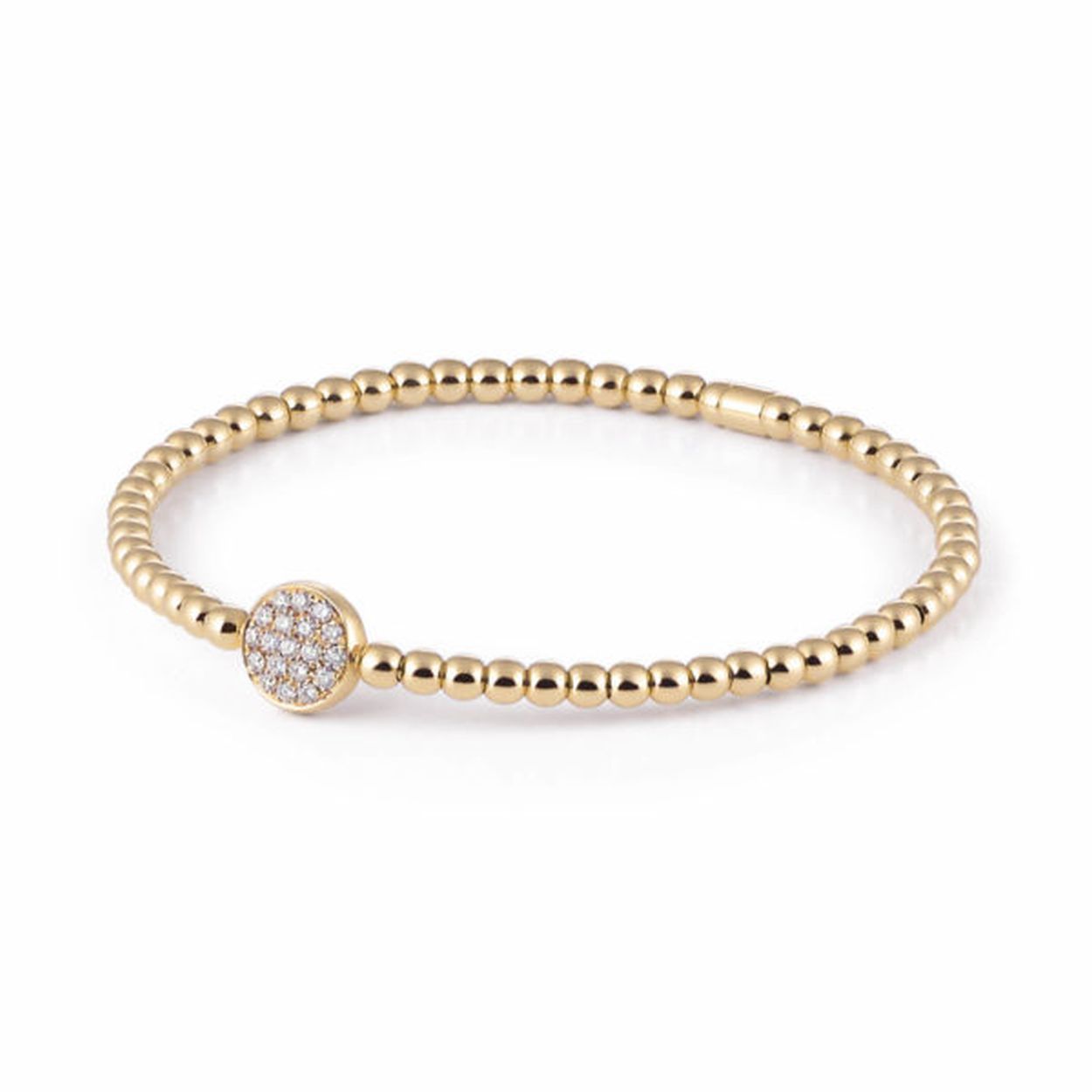 Deze prachtige 18krt geelgouden stretchy armband van Al Coro is voorzien van 19 briljant geslepen diamanten, 0.24ct SI H.