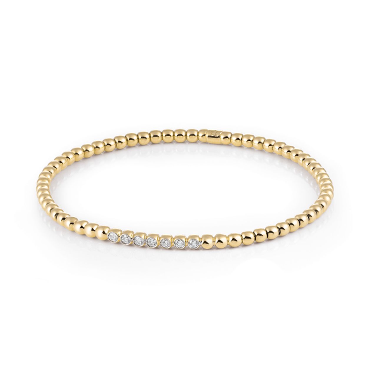 Sierlijke 18krt geelgouden stretchy armband van Al Coro met een diamanten ornament, 7-0.22crt H SI.

