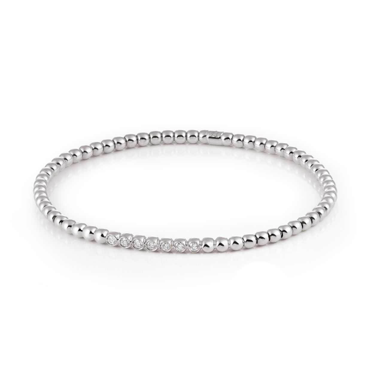 Sierlijke 18krt witgouden armband van Al Coro met een diamanten ornament, 0.22ct.

Simply elegant!
Deze tedere 18krt gouden stretchy armbanden met of zonder diamant kunnen gemakkelijk om de pols worden geschoven.
