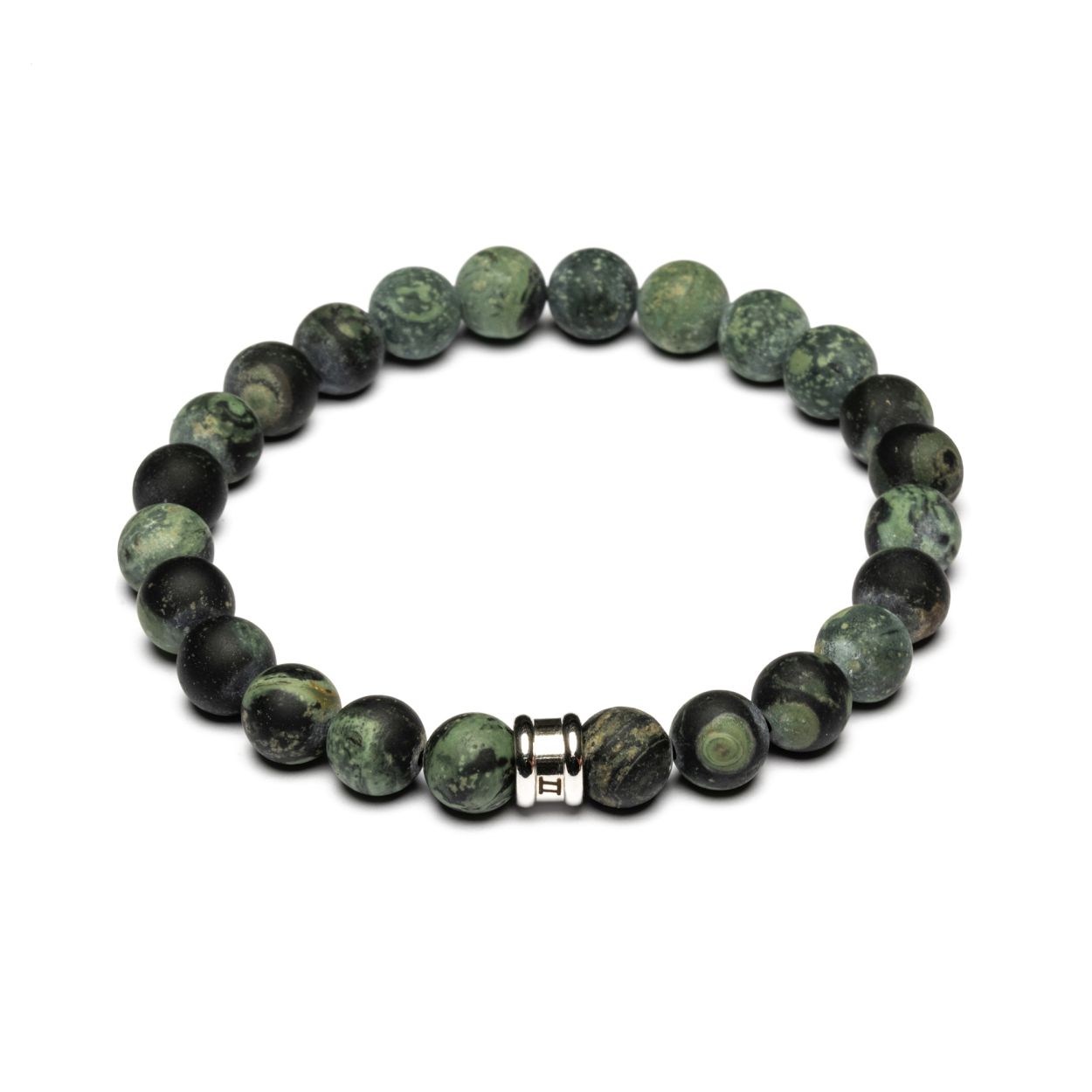 Dit is een Gemini Alpha Mat Green M mannenarmband. Deze heeft een jasper steen.