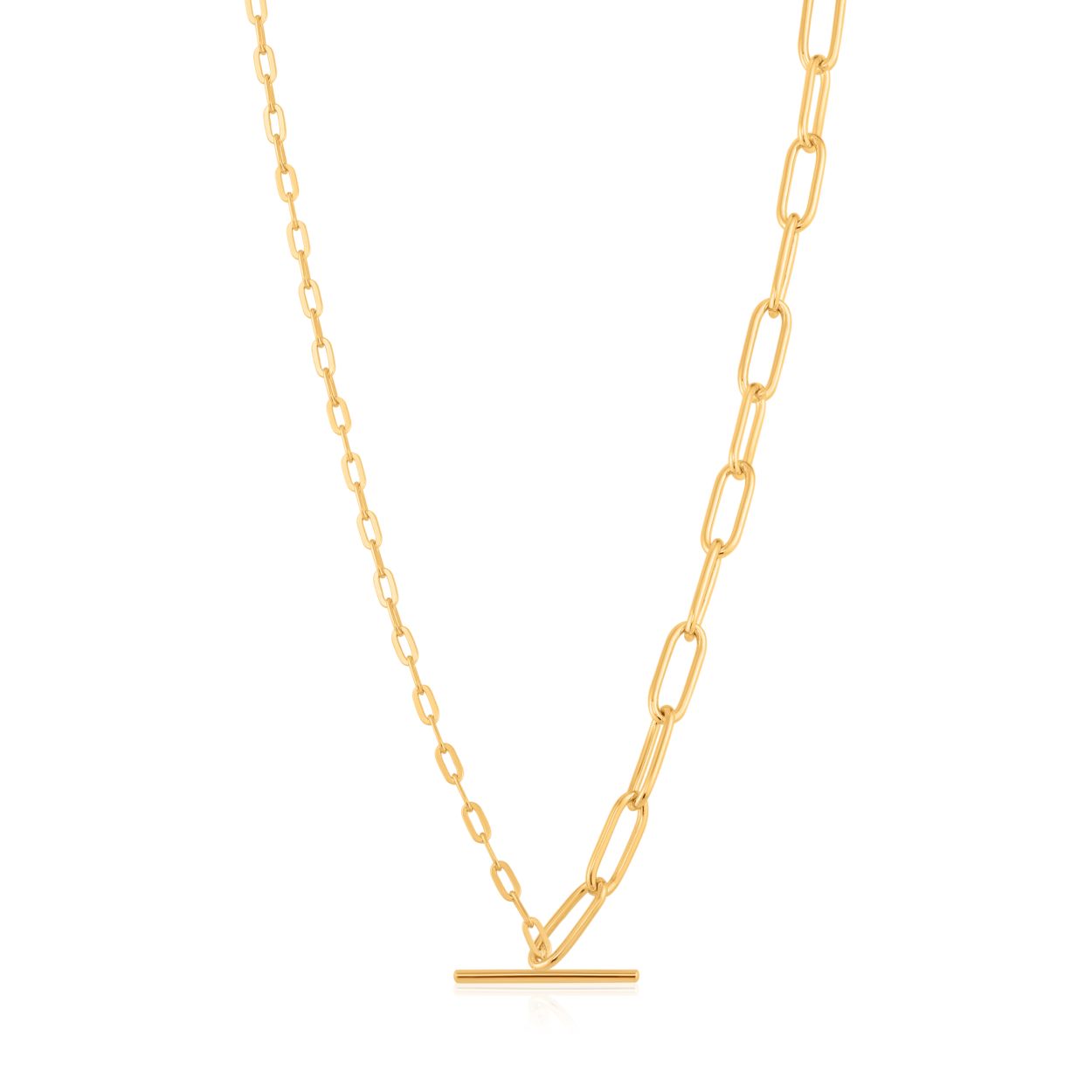 MIXED LINK T-BAR NECKLACE 
Dit Ania Haie collier uit de serie Chain Reaction is 925 zilver gerhodineerd met gold plating. De Chain Reaction serie bestaat uit verschillende items waarin de klassieke schakel een trendy rol speelt!

HET MERK
Ania Haie is een trendy london-based sieradenmerk. De sieraden zijn allemaal 925 zilver gerodineerd, 14kt gold plated of 14kt rosegold plated. De sieraden zijn perfect om te combineren, maar opvallend genoeg om op zichzelf te dragen. 

SPECIFICATIES
- Collier
- 925 zilver gerhodineerd met gold plating
- 40cm