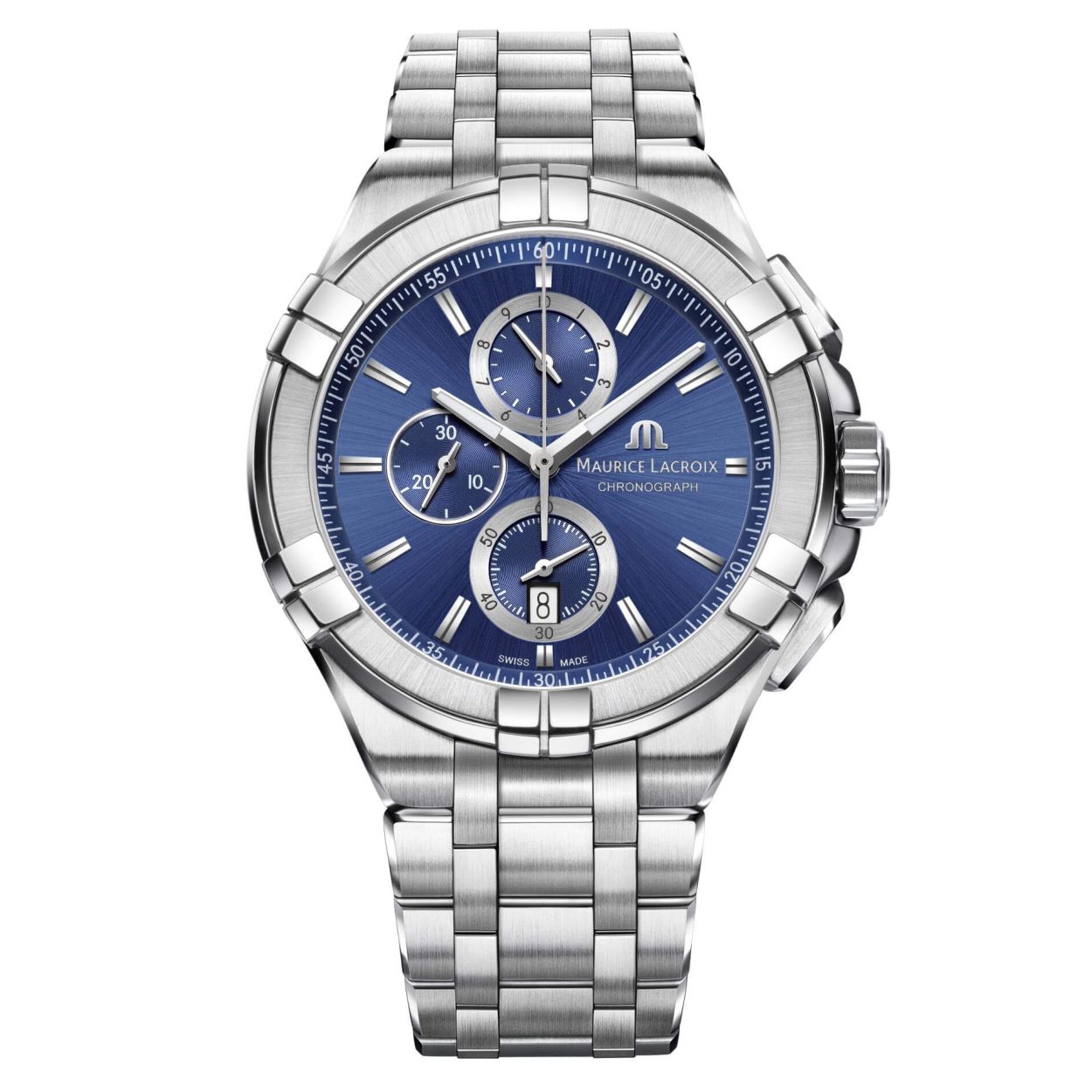 - band: edelstaal, zilverkleurig
- chronograaf/stopwatch
- seconde wijzer (onderdeel chronograaf)
- wijzerplaat blauw met zilveren streepjes
- waterdichtheid: 10 ATM
- glas is zeer krasvast
- handige onzichtbare klep sluiting
- quartz
- Kast: diameter: 44mm, dikte: 11.5 mm. Edelstaal.