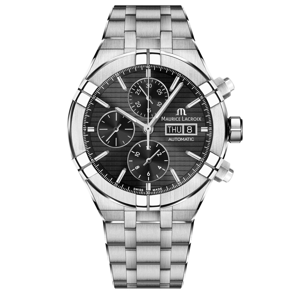 AIKON AUTOMATIC CHRONOGRAPH  44 MM.
Geïnspireerd door de iconische Calypso uit de jaren 90 is de AIKON een icoon op zich geworden. De ontwerptaal omarmt een gedurfde, stedelijke stijl en speelt meesterlijk met contrasten. Zoals al onze horloges verenigt de AIKON Zwitsers vakmanschap en een hoge waargenomen waarde.
Kast diameter 44 mm. Stainless Steel. Ontspiegeld Saffier glas. Open onderkant met ontspiegeld Saffierglas. Schroefkroon. 20 ATM Waterdicht. Caliber Automatic ML112. Gangreserve 48 uur. Stainless Steel band.